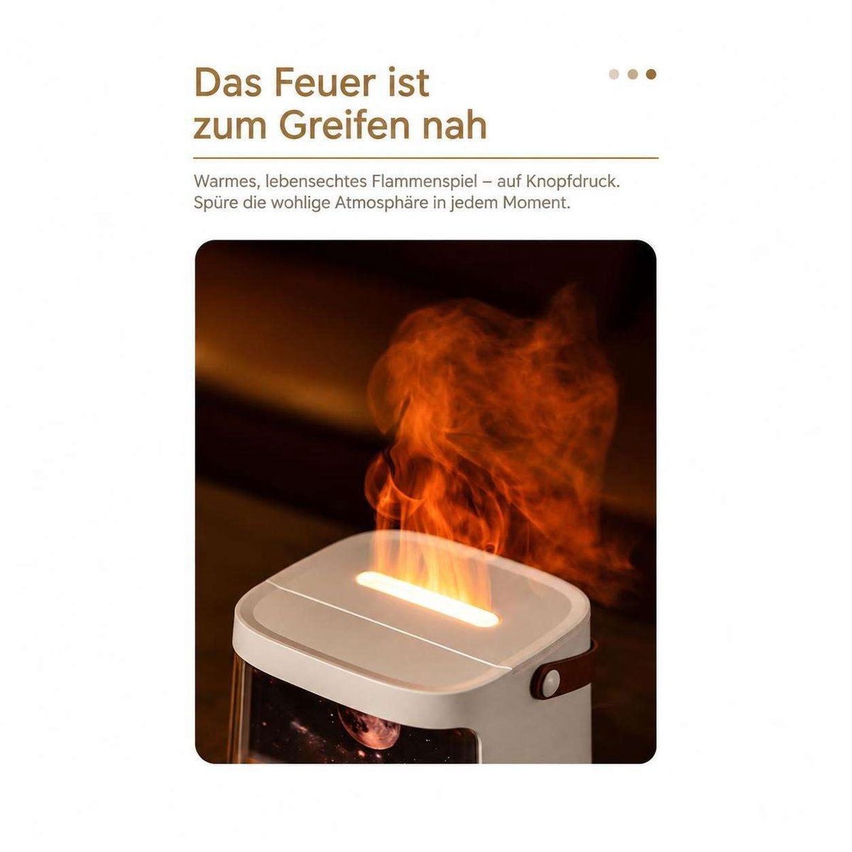 Ein weißes Gerät zeigt simuliertes Feuer auf der Oberseite, begleitet von deutschem Werbetext.