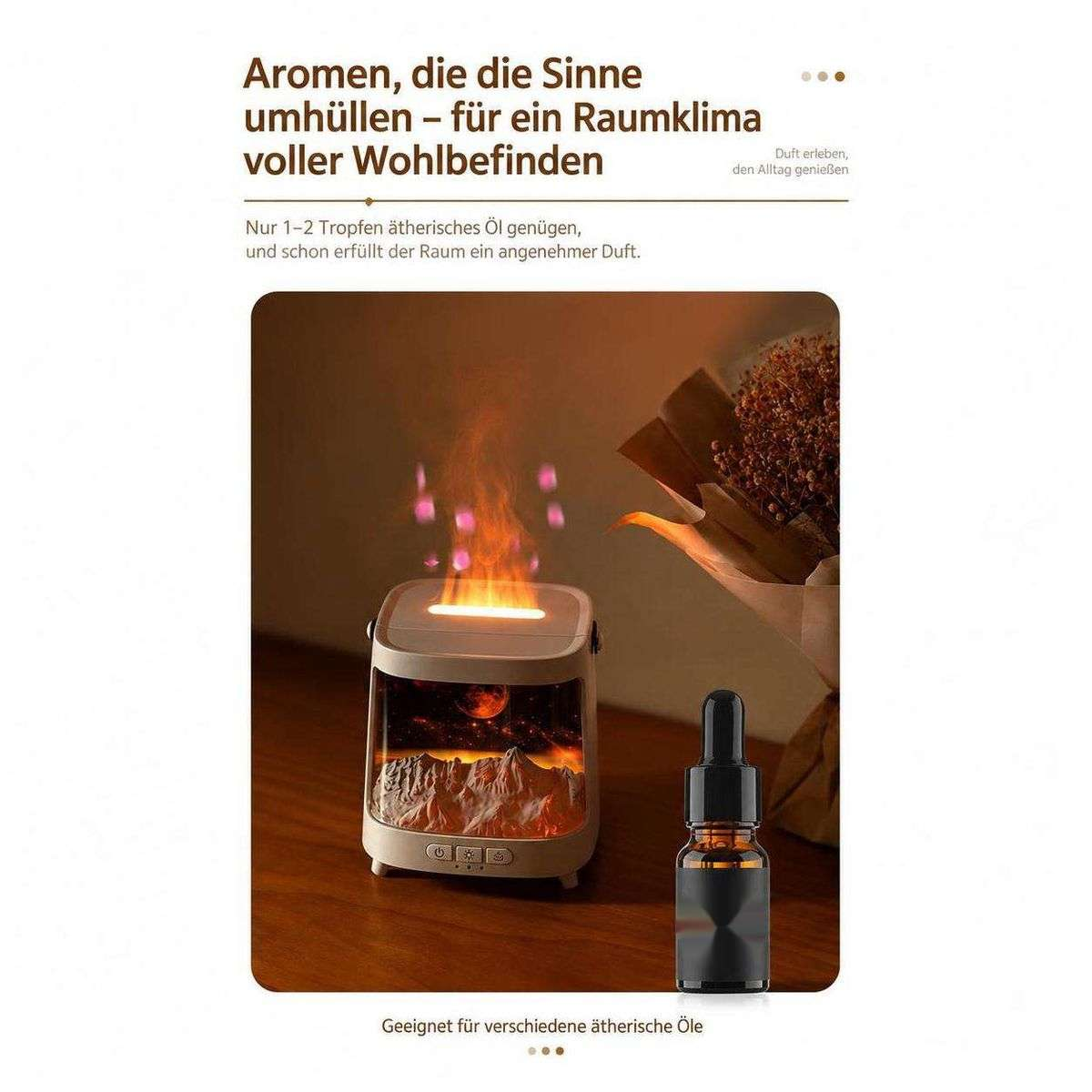 Ein Diffusor mit Flammensimulation und ein Ölfläschchen auf Holztisch mit Text oben und unten.