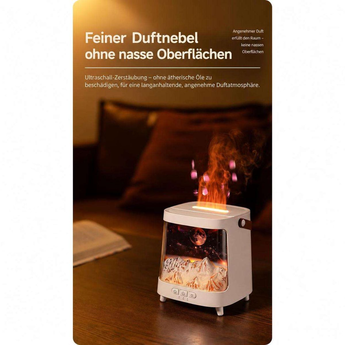 Ein weißer Diffusor auf einem Holztisch simuliert Flammen und feinen Nebel mit LED-Licht.