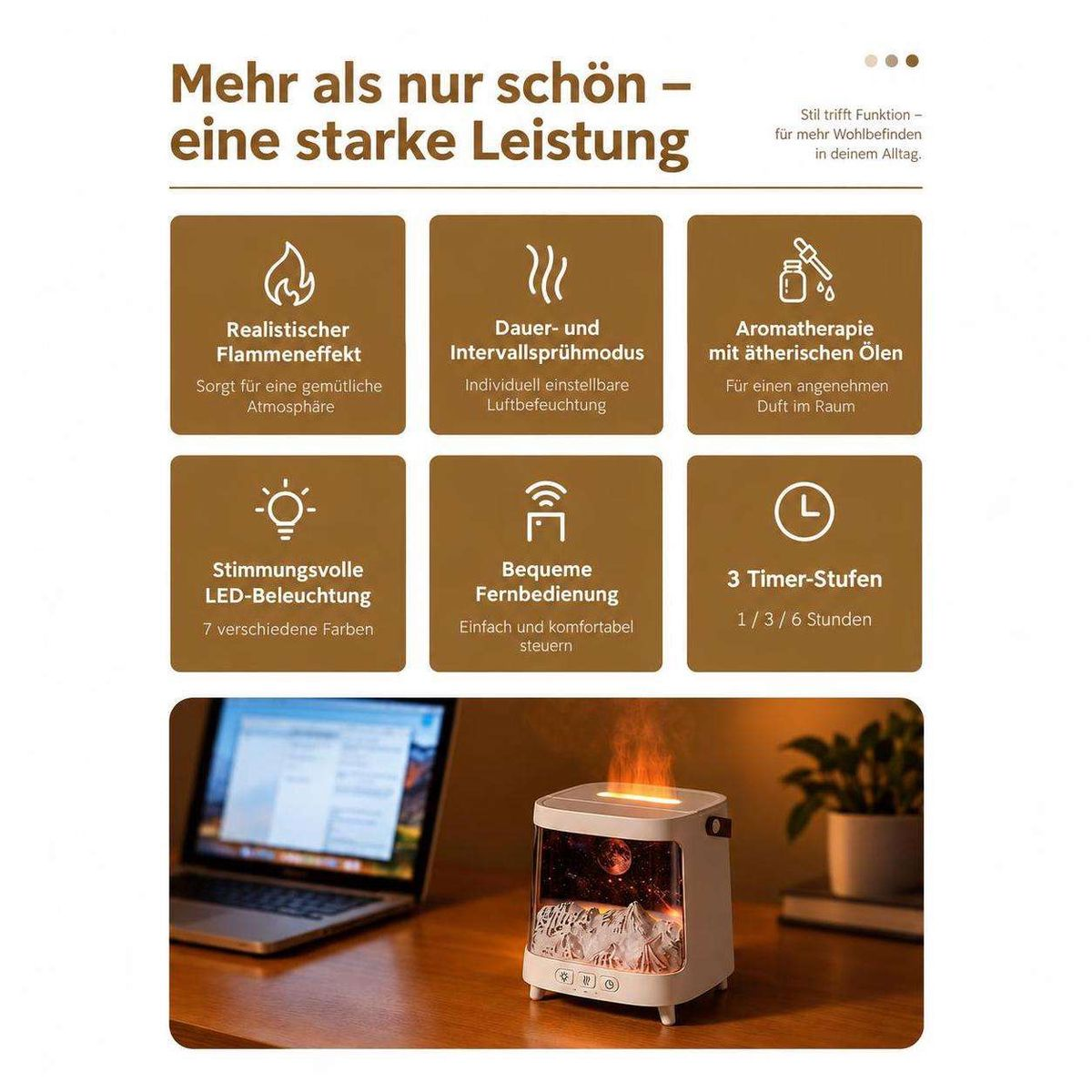 Infografik zeigt Eigenschaften eines Flammen-Aroma-Diffusors auf einem Tisch mit Laptop.