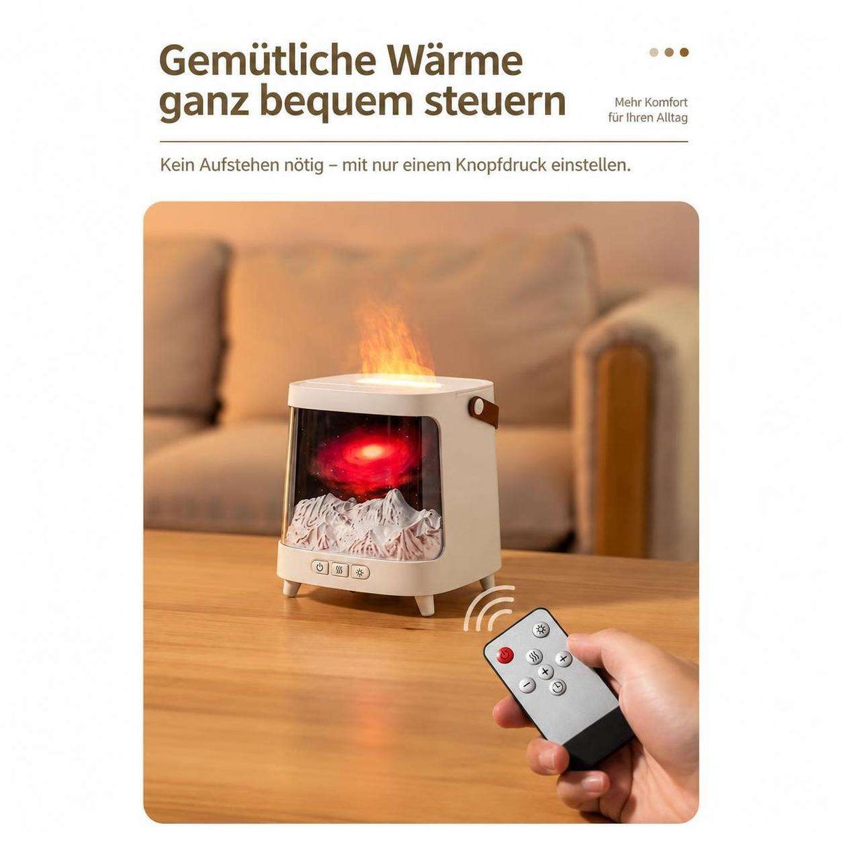 Eine Fernbedienung steuert einen kleinen Tischheizer mit Flammeneffekt auf einem Holztisch.