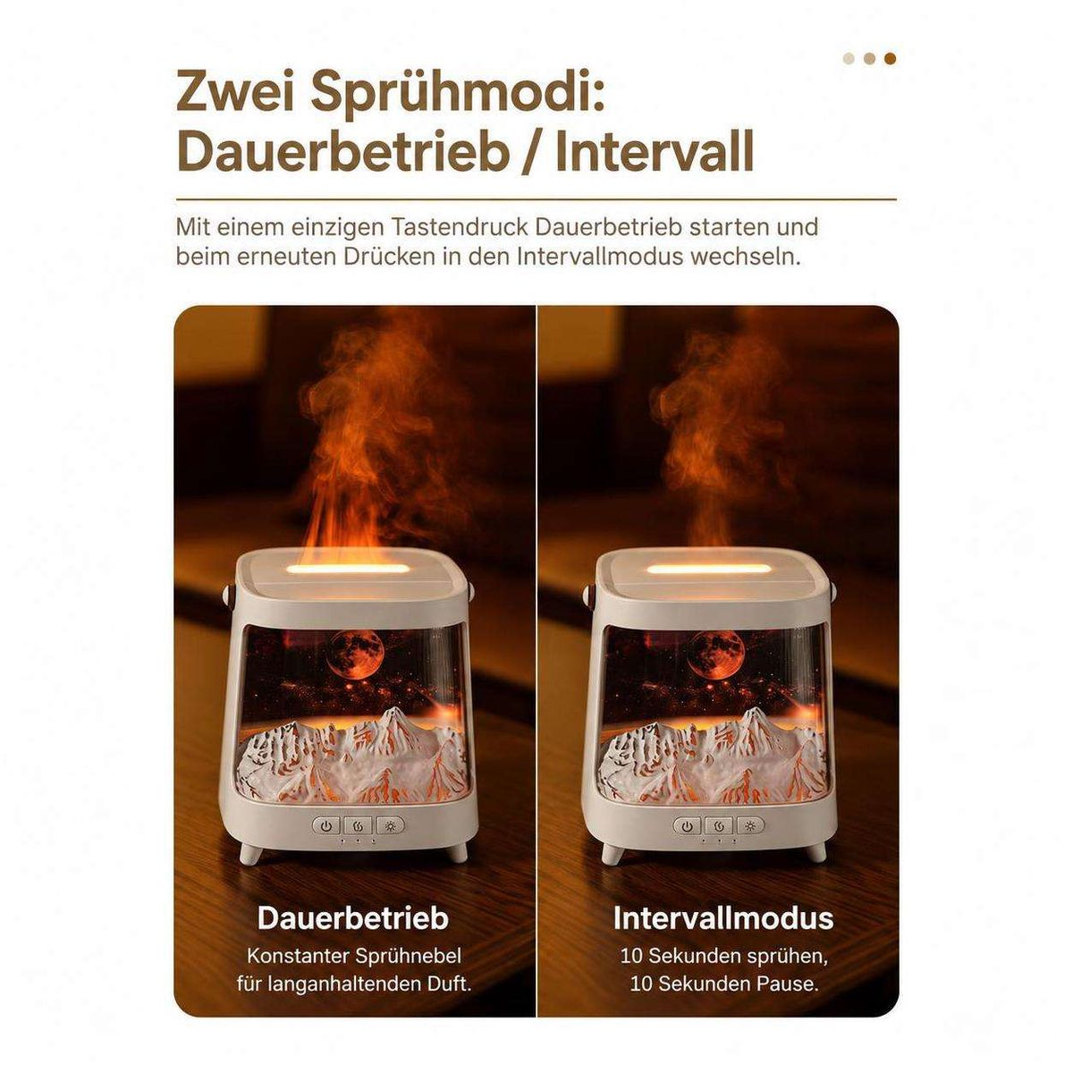 Ein Diffusor zeigt zwei Sprühmodi: kontinuierlich mit Nebel und Intervall mit kurzen Stößen.