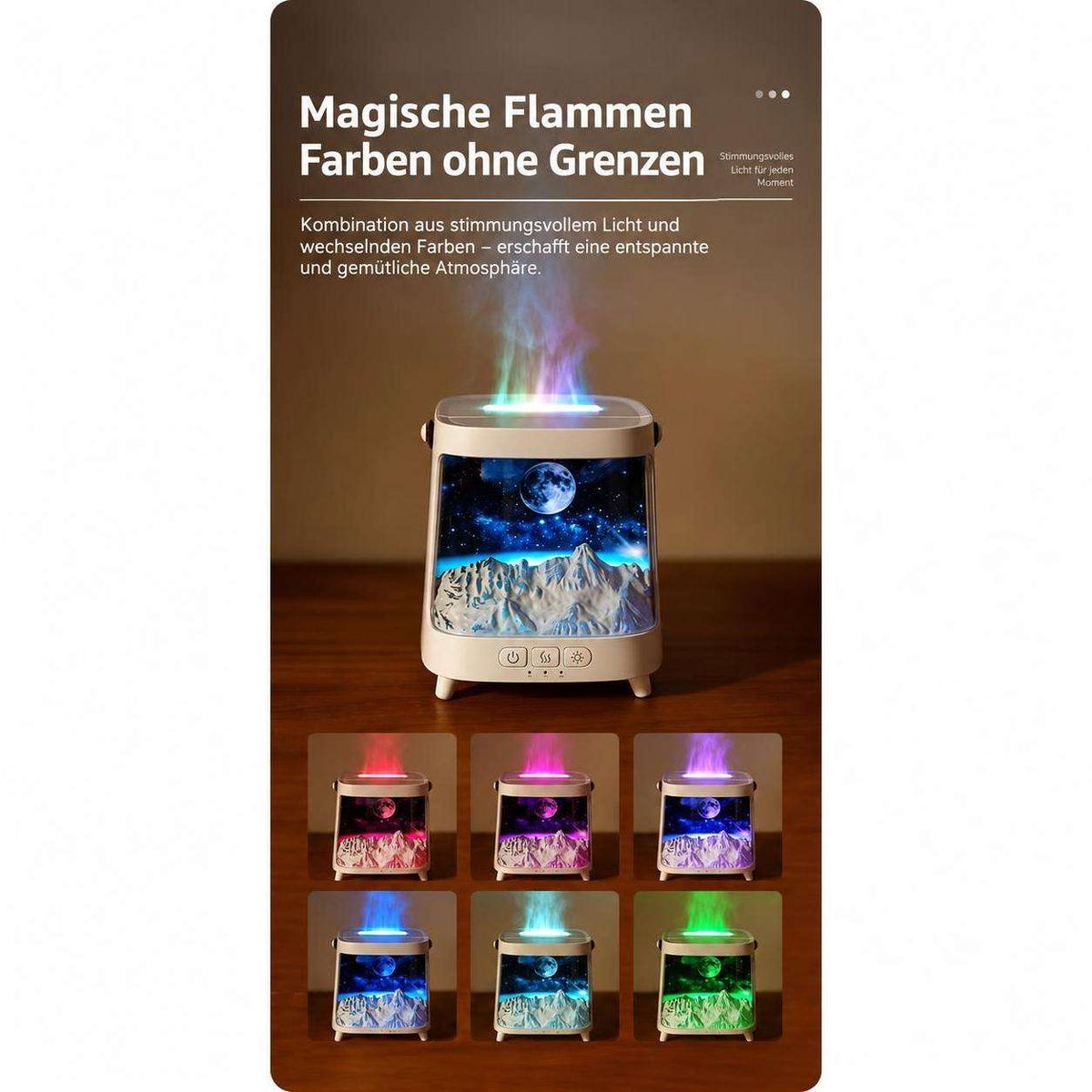 Ein weißer Aromadiffusor auf einem Holztisch zeigt wechselnde bunte Lichter und eine Szene mit Bergen und Mond.