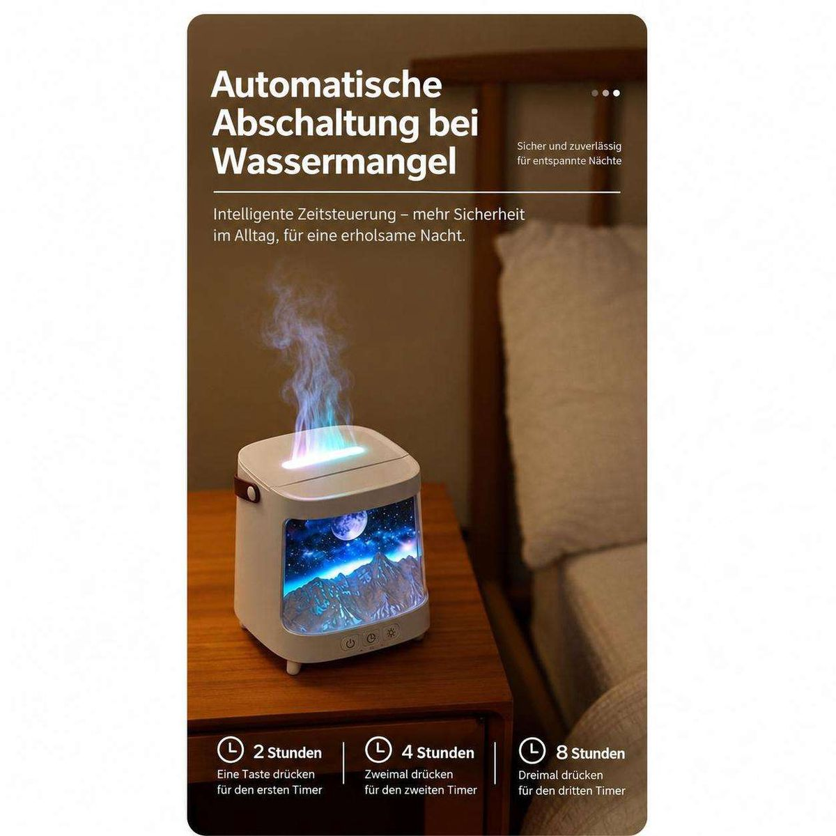 Ein weißer Luftbefeuchter mit Flammen-Effekt auf einem Nachttisch im Schlafzimmer mit deutscher Textüberlagerung.