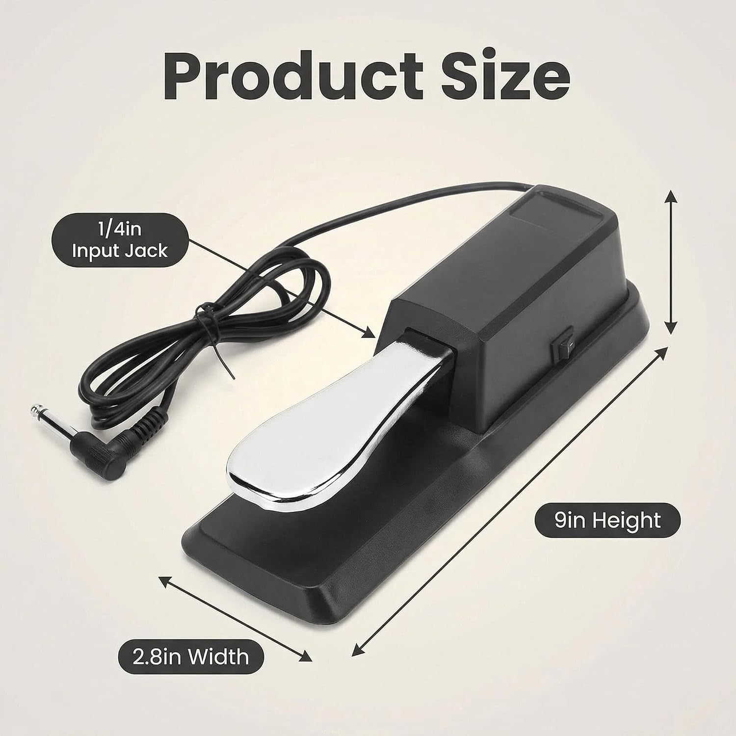 Ein schwarzes Sustain-Pedal mit silberner Trittfläche und Kabel, mit Produktabmessungen von 2,8 Zoll Breite und 9 Zoll Höhe.