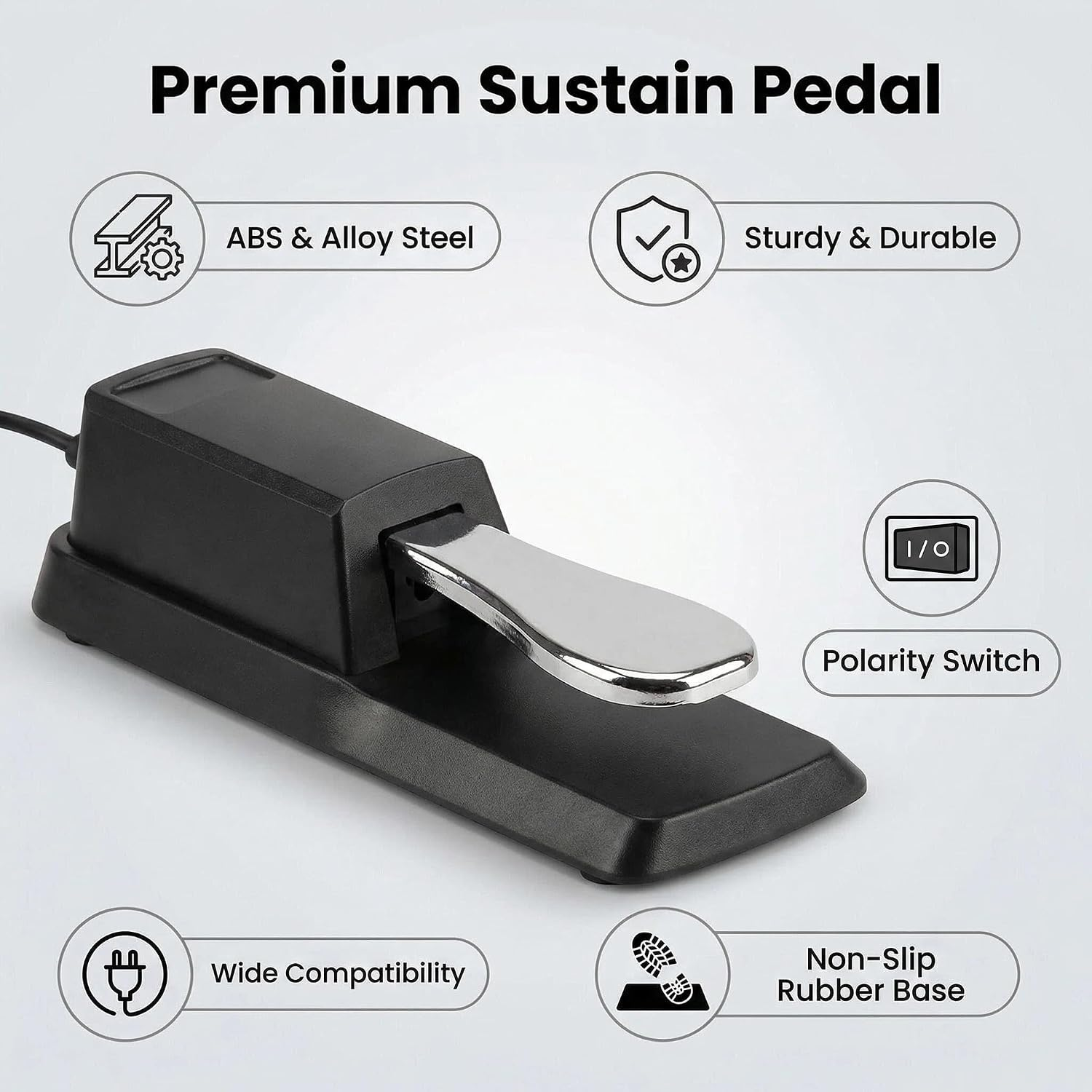 Ein schwarzes Sustain-Pedal mit silberner Metallpedalplatte und umgebenden Icons, die seine Produktmerkmale zeigen.