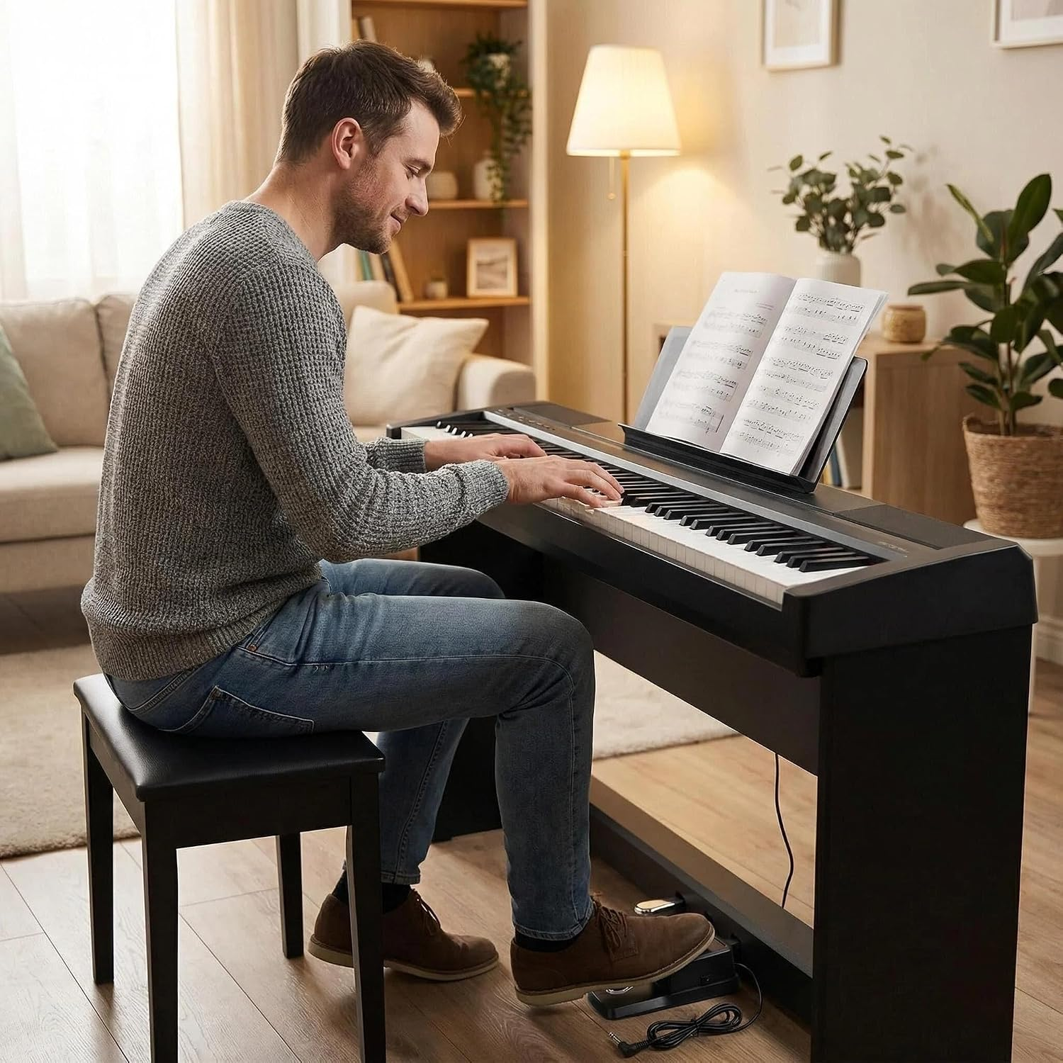 Ein Mann sitzt in einem gemütlichen Wohnzimmer und spielt auf einem schwarzen Digitalpino mit aufgeschlagenem Notenheft.