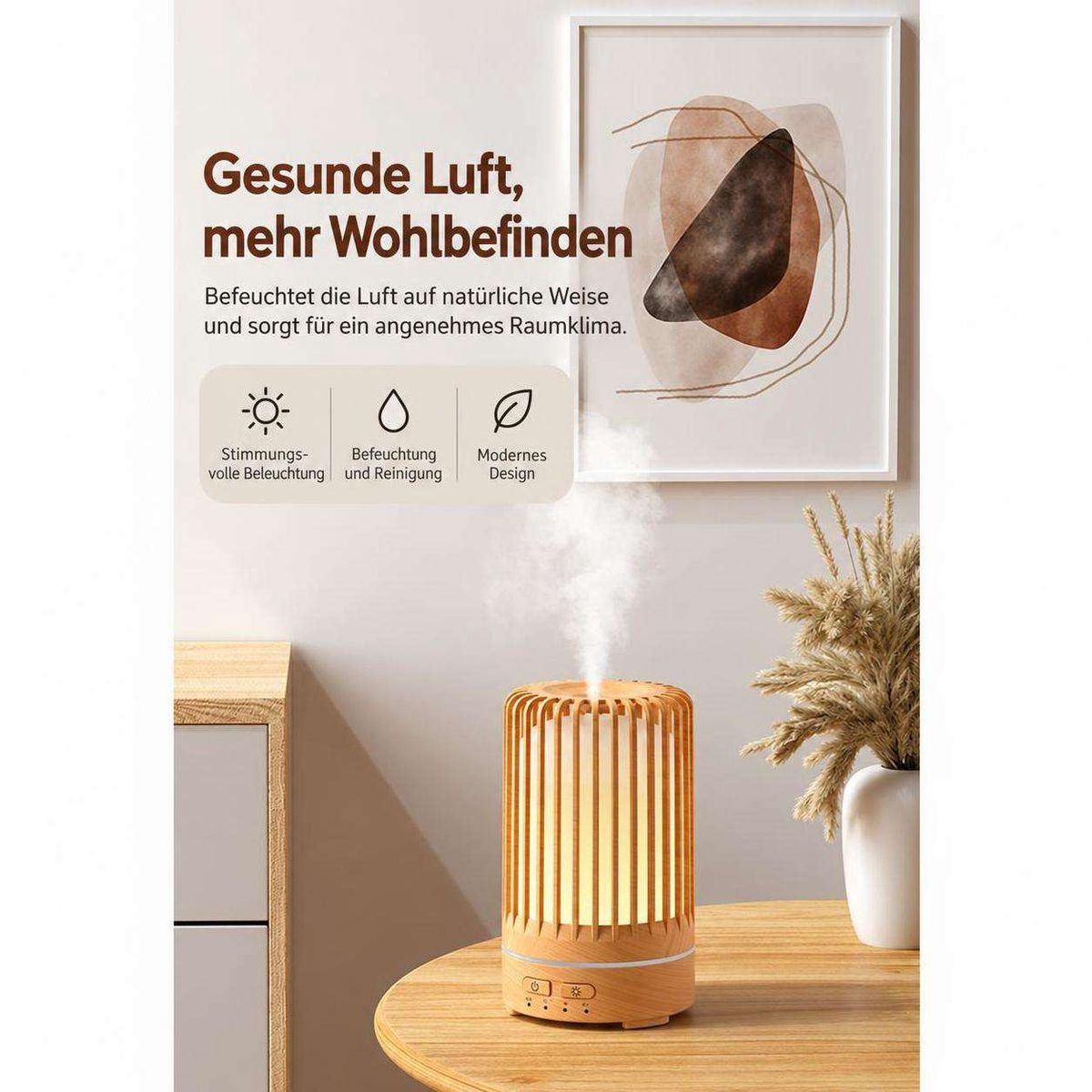 Ein hölzerner Diffusor auf einem Tisch mit aufsteigendem Nebel, im Hintergrund Text und ein gerahmtes Bild.
