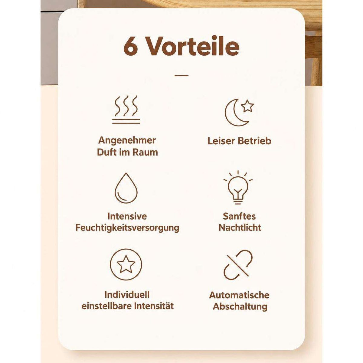 Eine Infografik mit sechs Vorteilen eines Geräts, dargestellt durch Symbole für Duft, Schlaf, Feuchtigkeit und Licht.