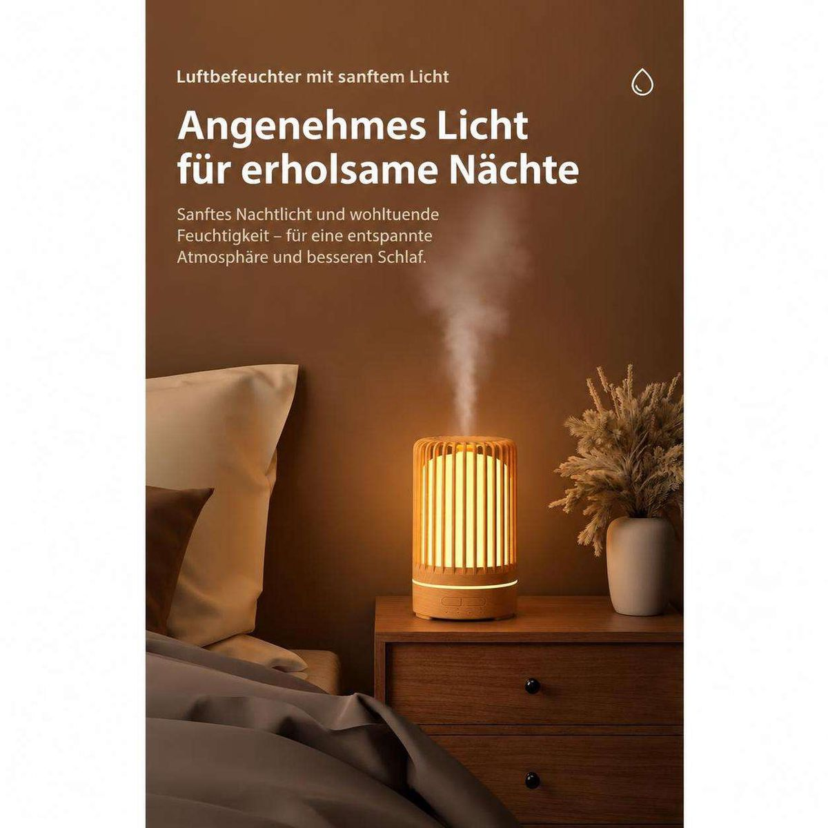 Ein hölzerner Luftbefeuchter mit sanftem Licht steht auf einem Nachttisch im Schlafzimmer und gibt Dampf ab.