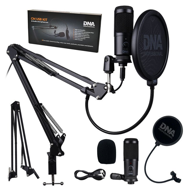 DNA CM USB Studio-Mikrofonset mit Arm, Popschutz und Zubehör.