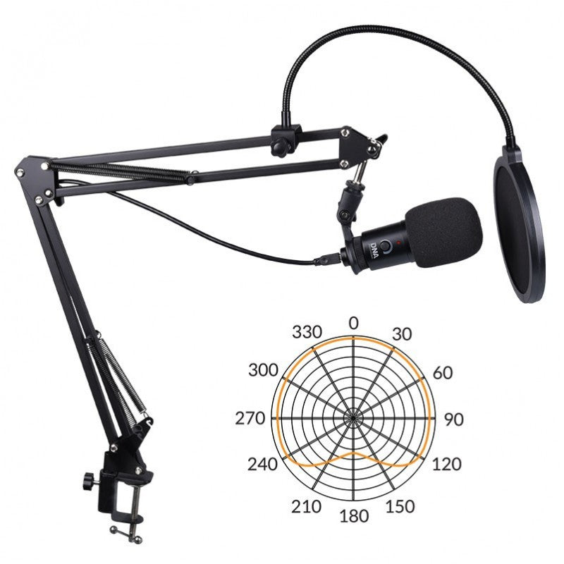 Ein schwarzes Studio-Mikrofon an einem verstellbaren Arm mit Popschutz, neben einem Richtcharakteristik-Diagramm.