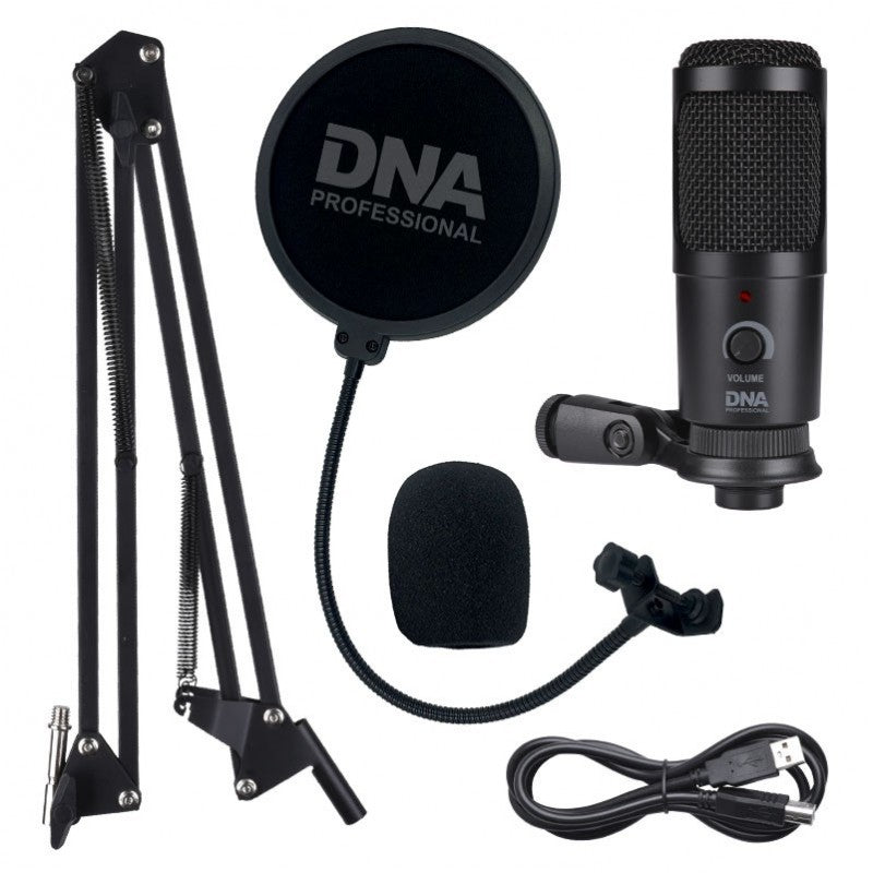 DNA Professional Mikrofonset mit Ständer, Popschutz, Windschutz, Halterung und USB-Kabel.
