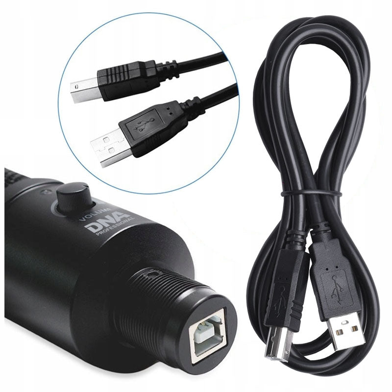 Ein schwarzes DNA Professional Mikrofon und ein USB-Kabel mit Nahansicht der Stecker.
