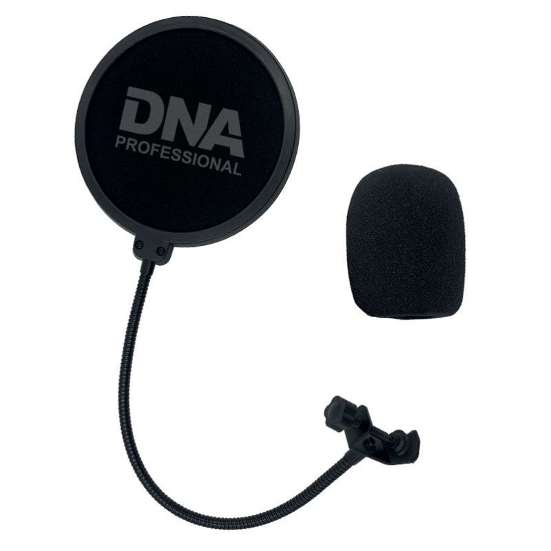 Ein schwarzer DNA Professional Pop-Schutz mit Schwanenhals, Klammer und kleinem Schaumstoff-Mikrofonaufsatz.