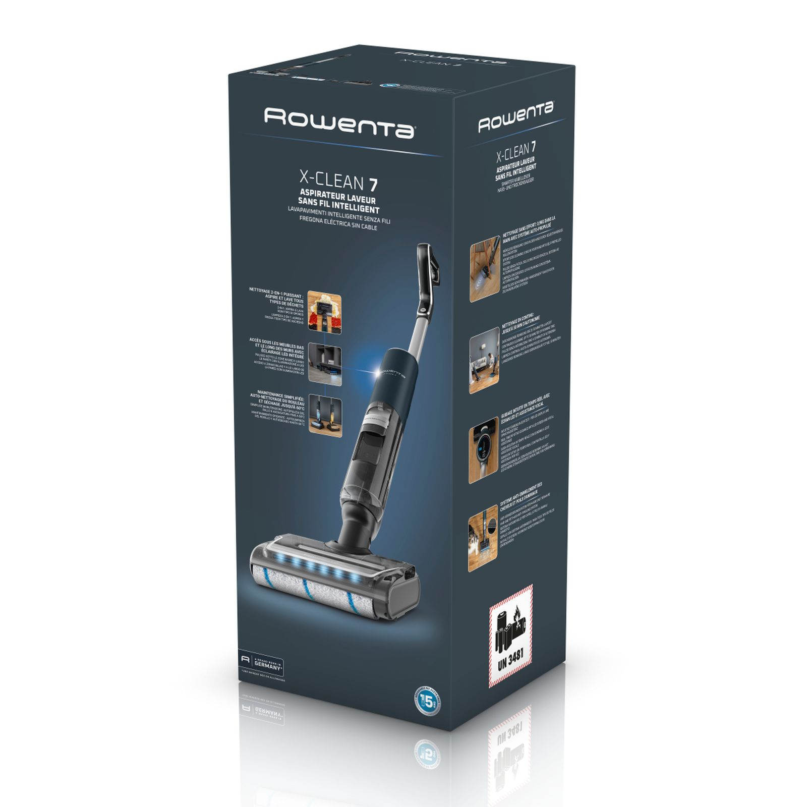 Rowenta X-Clean 7 Akku-Wischsauger in seiner blau-schwarzen Produktverpackung.