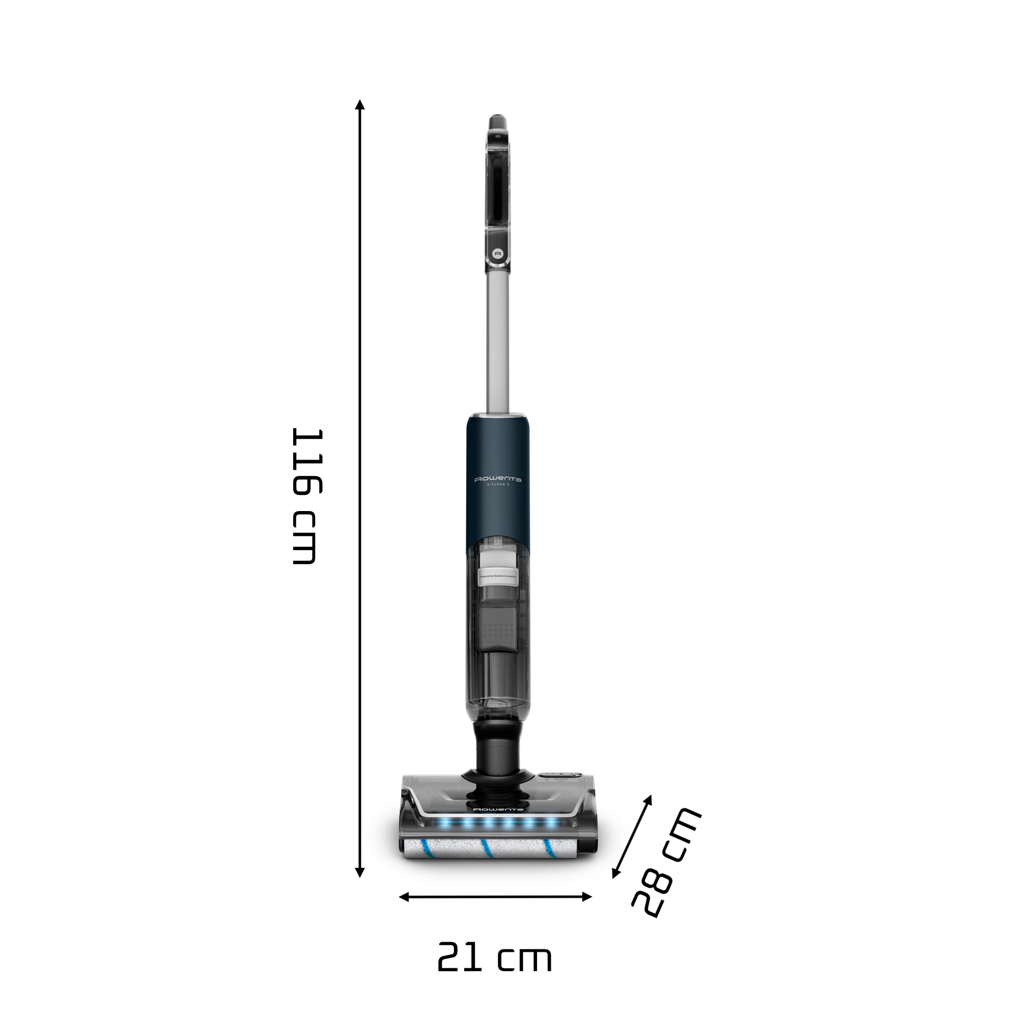 Aufrechte kabellose Bodenreinigungsmaschine mit Maßen: 116 cm Höhe, 21 cm Breite und 28 cm Tiefe.