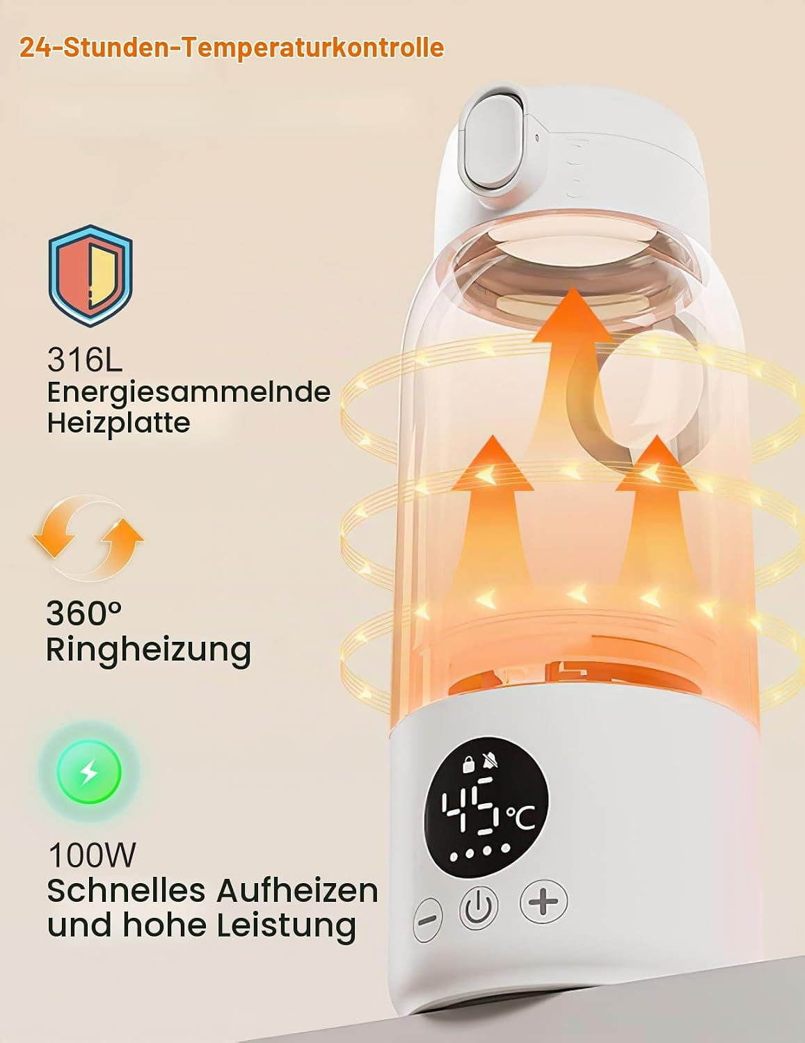 Weiße, elektrische Thermosflasche mit digitalem Display, 360-Grad-Ringheizung und aufsteigenden Wärmepfeilen.