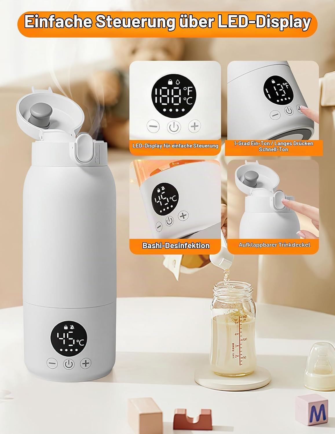 Eine weiße Thermosflasche mit LED-Display und Temperaturregelung gießt Wasser in ein Babyfläschchen.