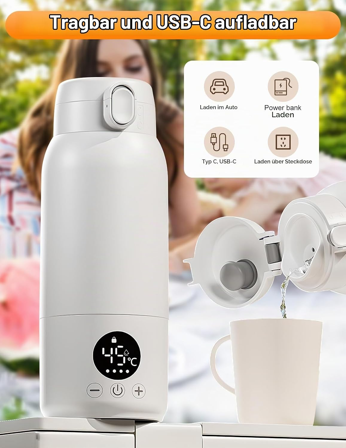 Tragbare weiße Thermoskanne mit USB-C und digitalem Display gießt Wasser in eine Tasse.