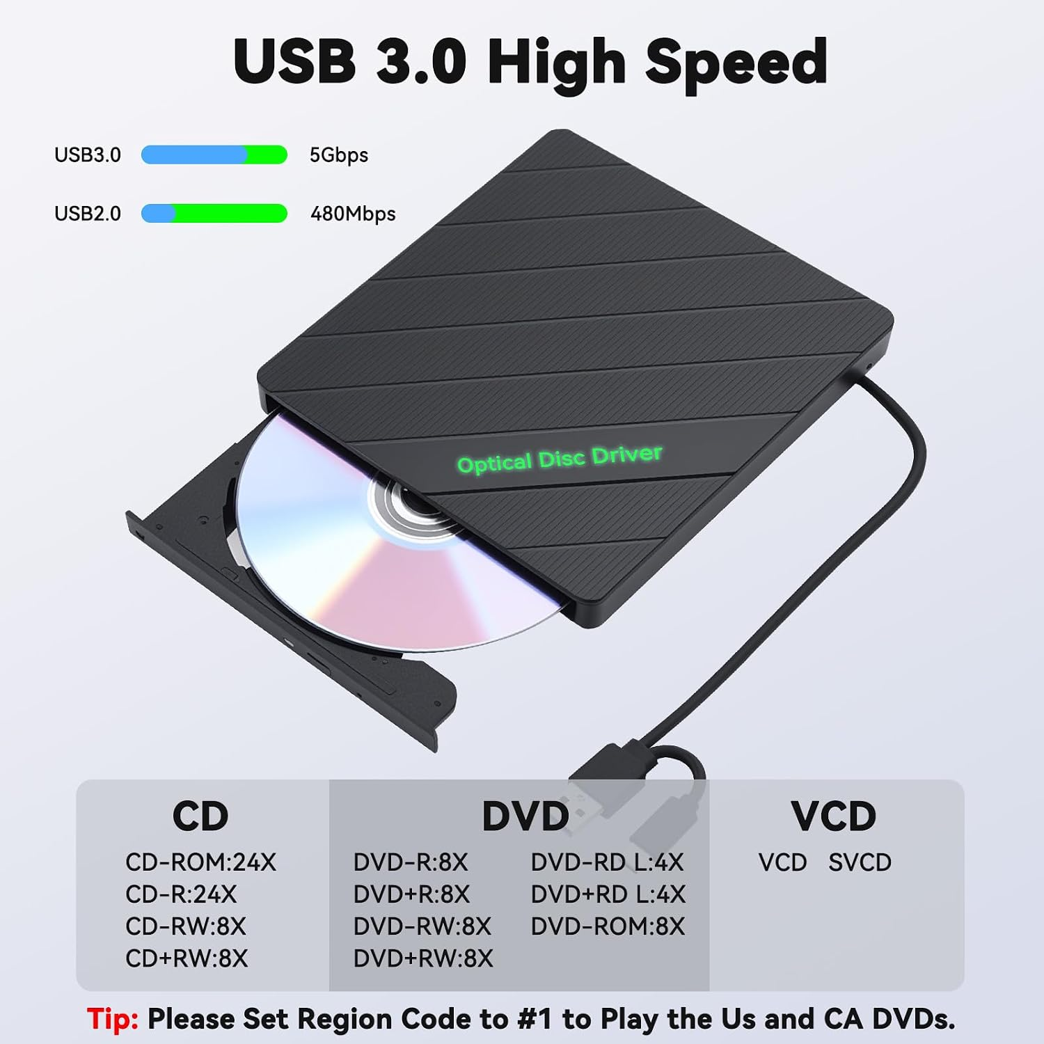 Schwarzes externes USB 3.0-Laufwerk mit geöffneter Schublade und eingelegter Disc, umgeben von Produktdetails.