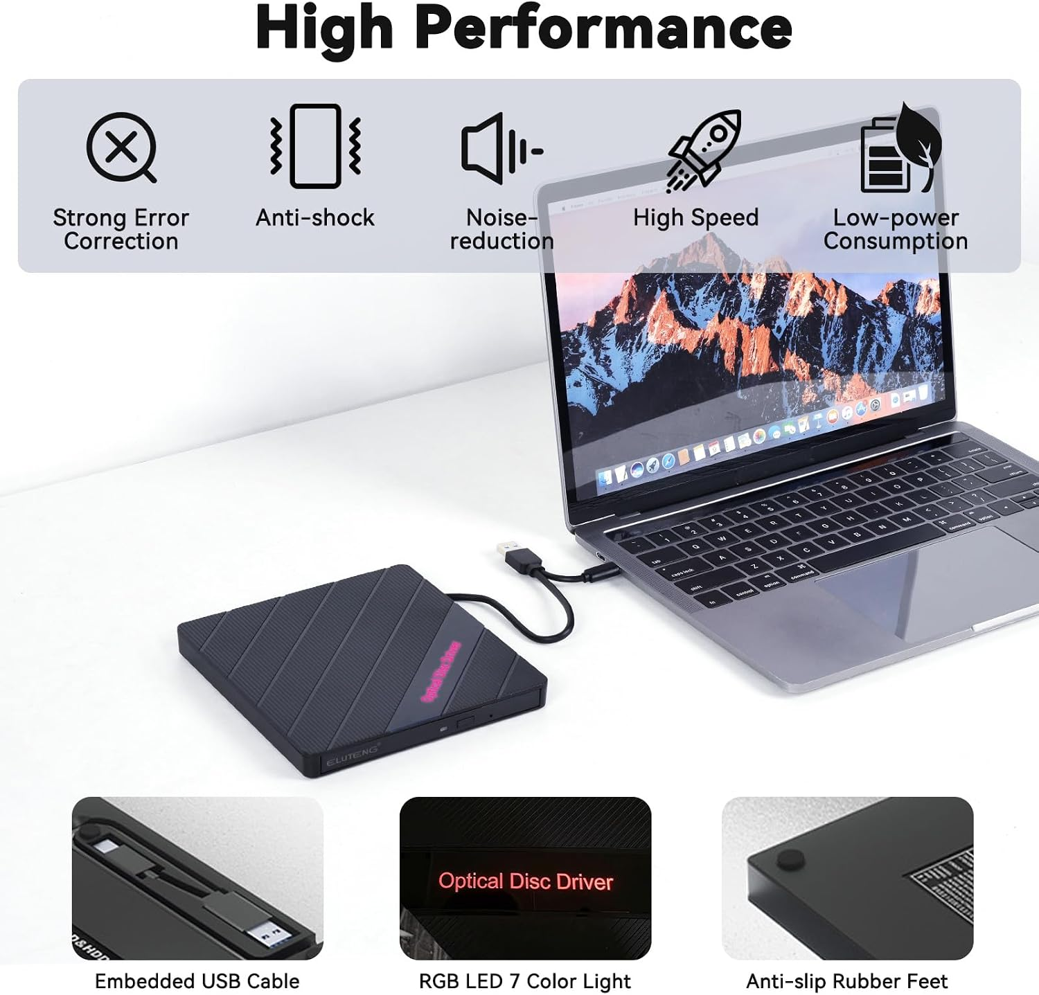 Ein tragbares externes Laufwerk ist per USB an einen Laptop angeschlossen, umgeben von Leistungsmerkmalen.