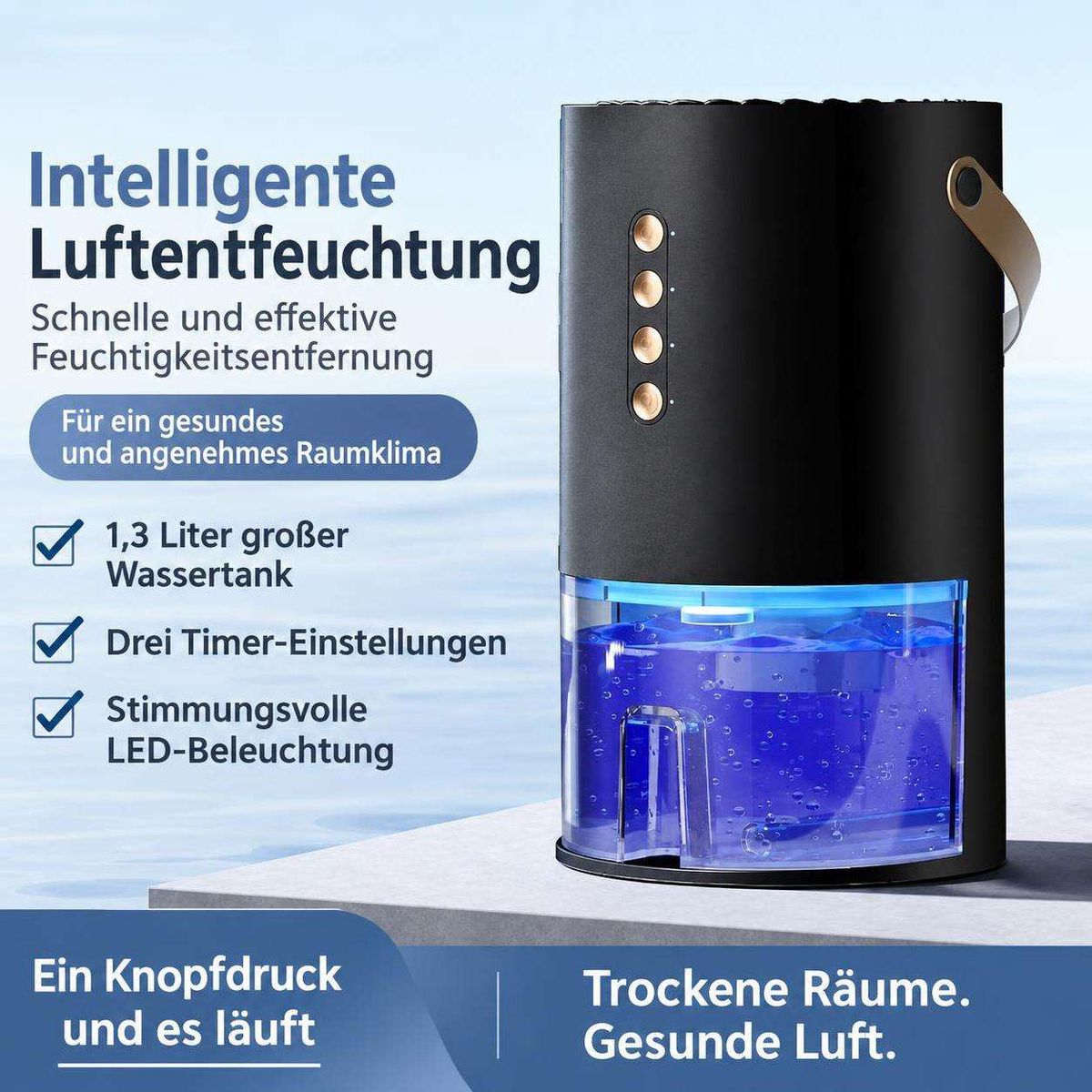 Schwarzer Luftentfeuchter mit blauem Wassertank, vier goldenen Knöpfen und deutscher Werbetextgrafik.