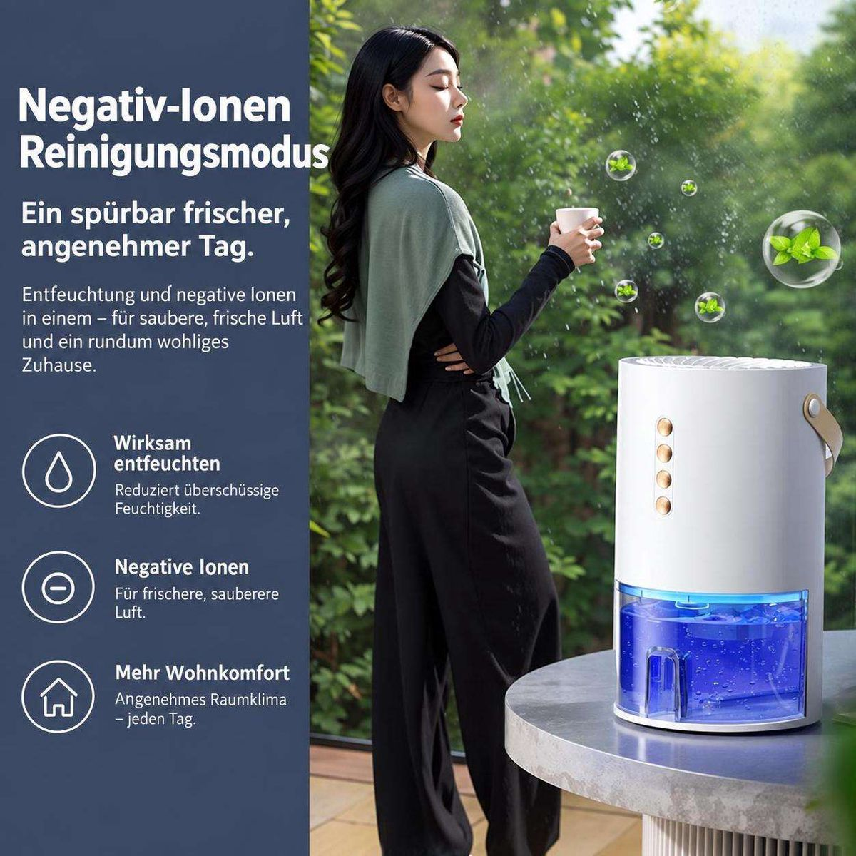Eine Frau hält eine Tasse neben einem weißen Luftentfeuchter mit blauem Wassertank im Freien, begleitet von Werbetext.