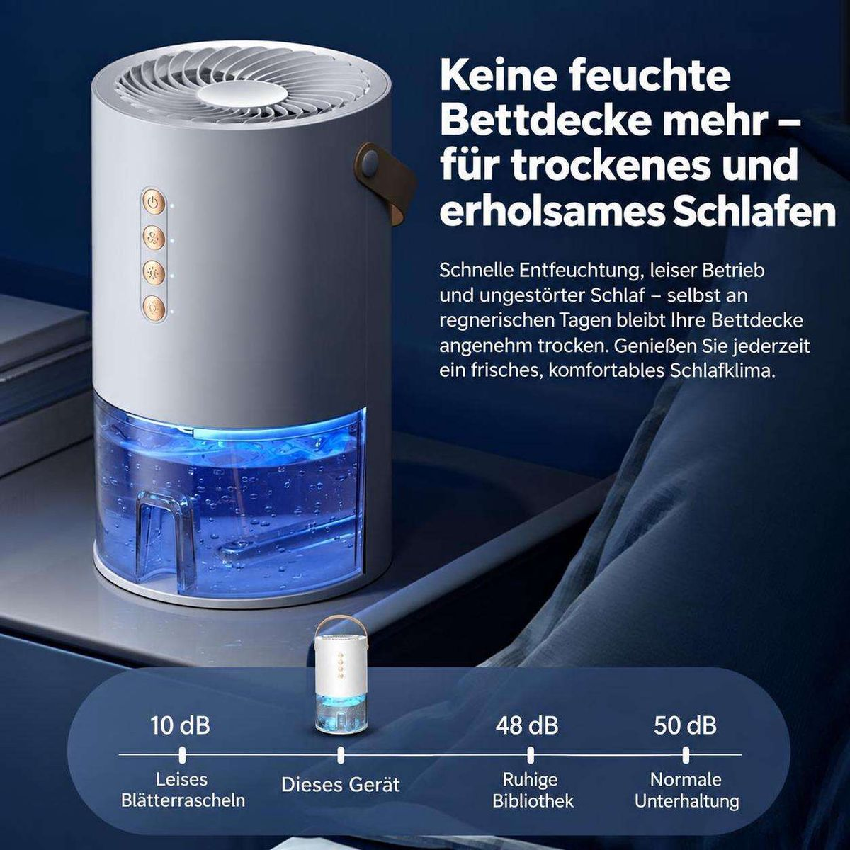 Ein weißer tragbarer Luftentfeuchter mit blau leuchtendem Wassertank steht auf einem Nachttisch.