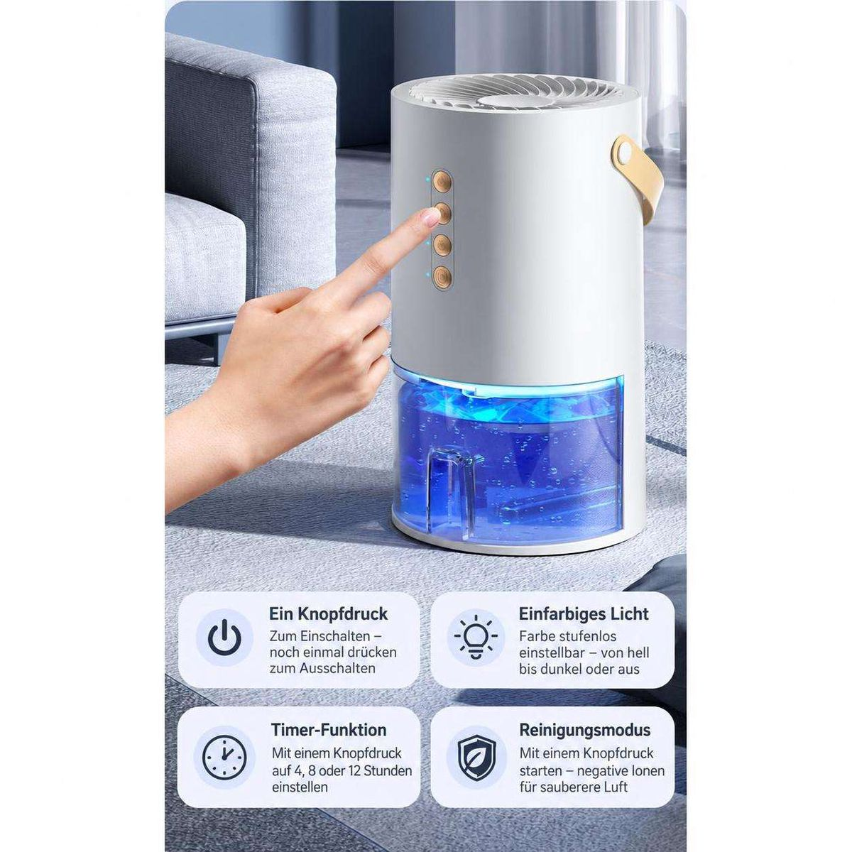 Eine Hand bedient die Tasten eines weißen Luftbefeuchters mit blau beleuchtetem Wassertank und Funktions-Icons.