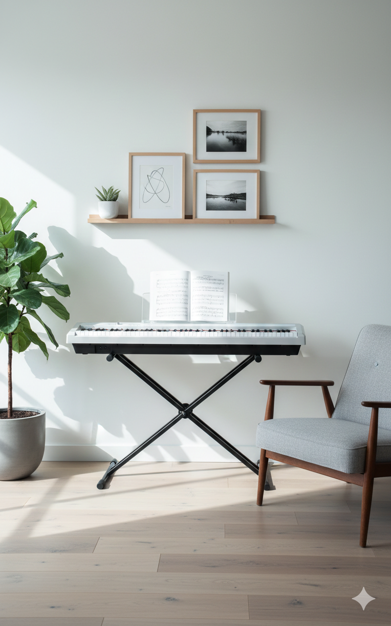 Ein weißes Digitalpiano auf einem Ständer, offene Noten, eine Topfpflanze, ein grauer Sessel und Wandkunst.