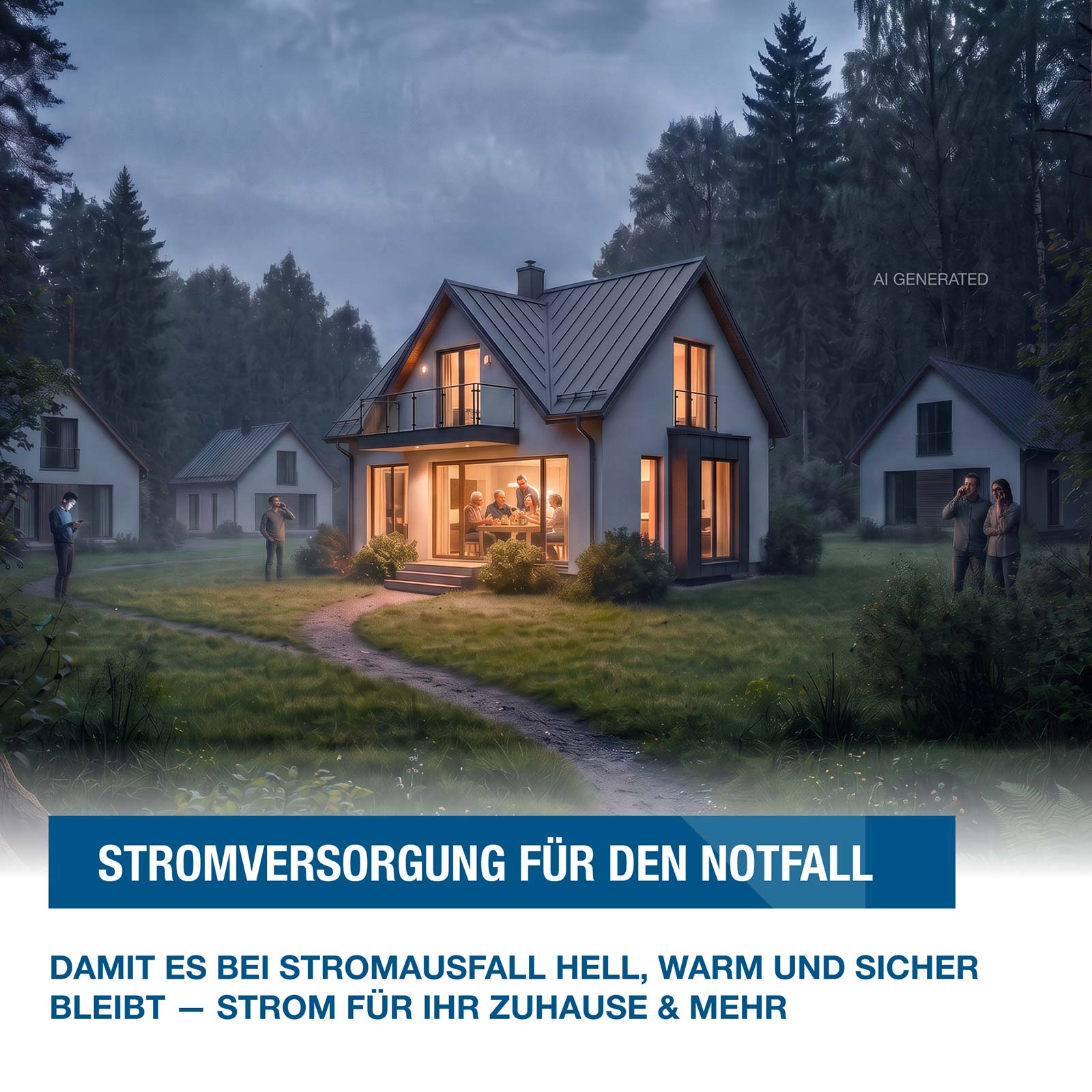 Ein hell erleuchtetes Haus in einer Waldsiedlung bei Dämmerung, umgeben von Menschen mit Smartphones.