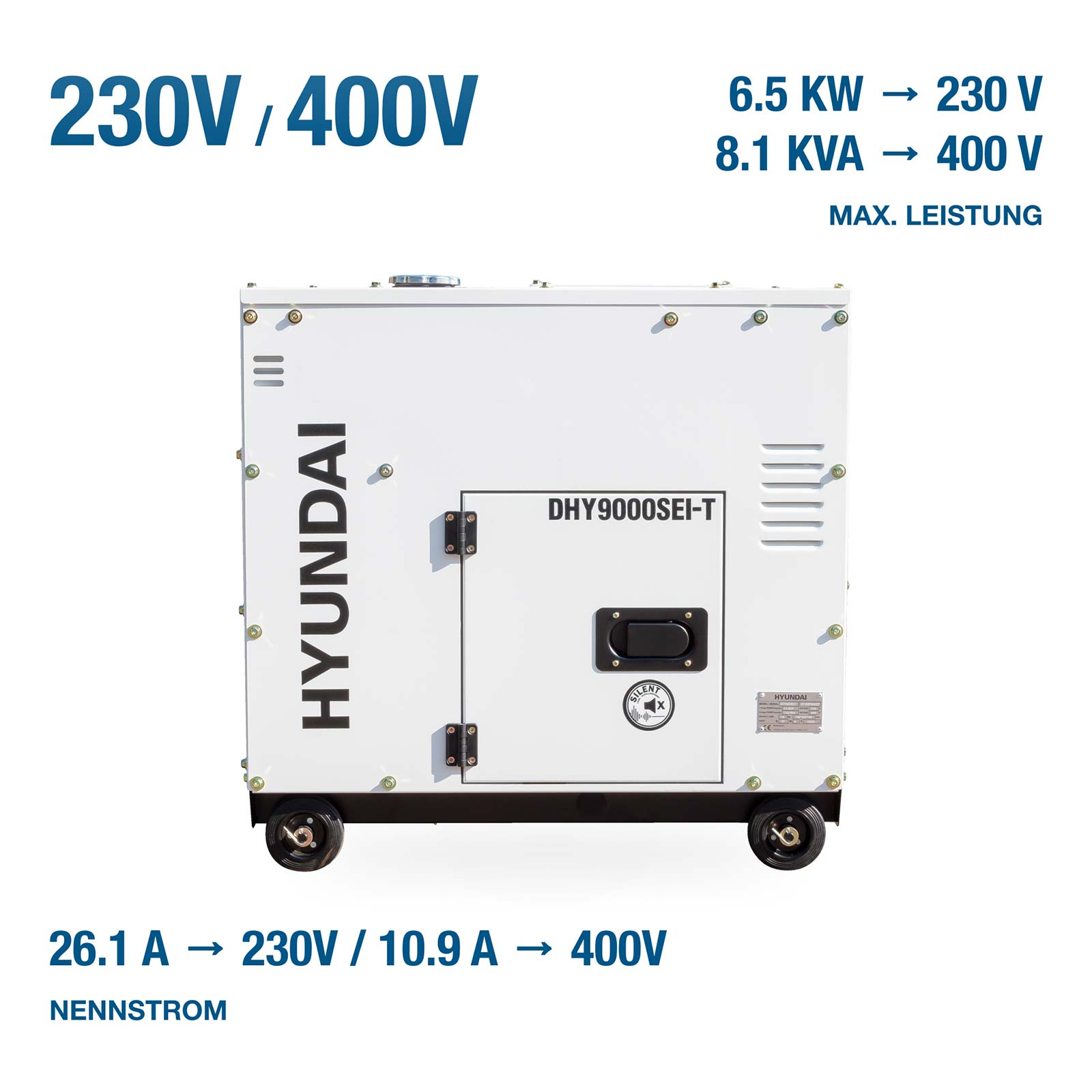 Weißer Hyundai DHY9000SEI-T Generator mit Stromspezifikationen auf weißem Hintergrund.
