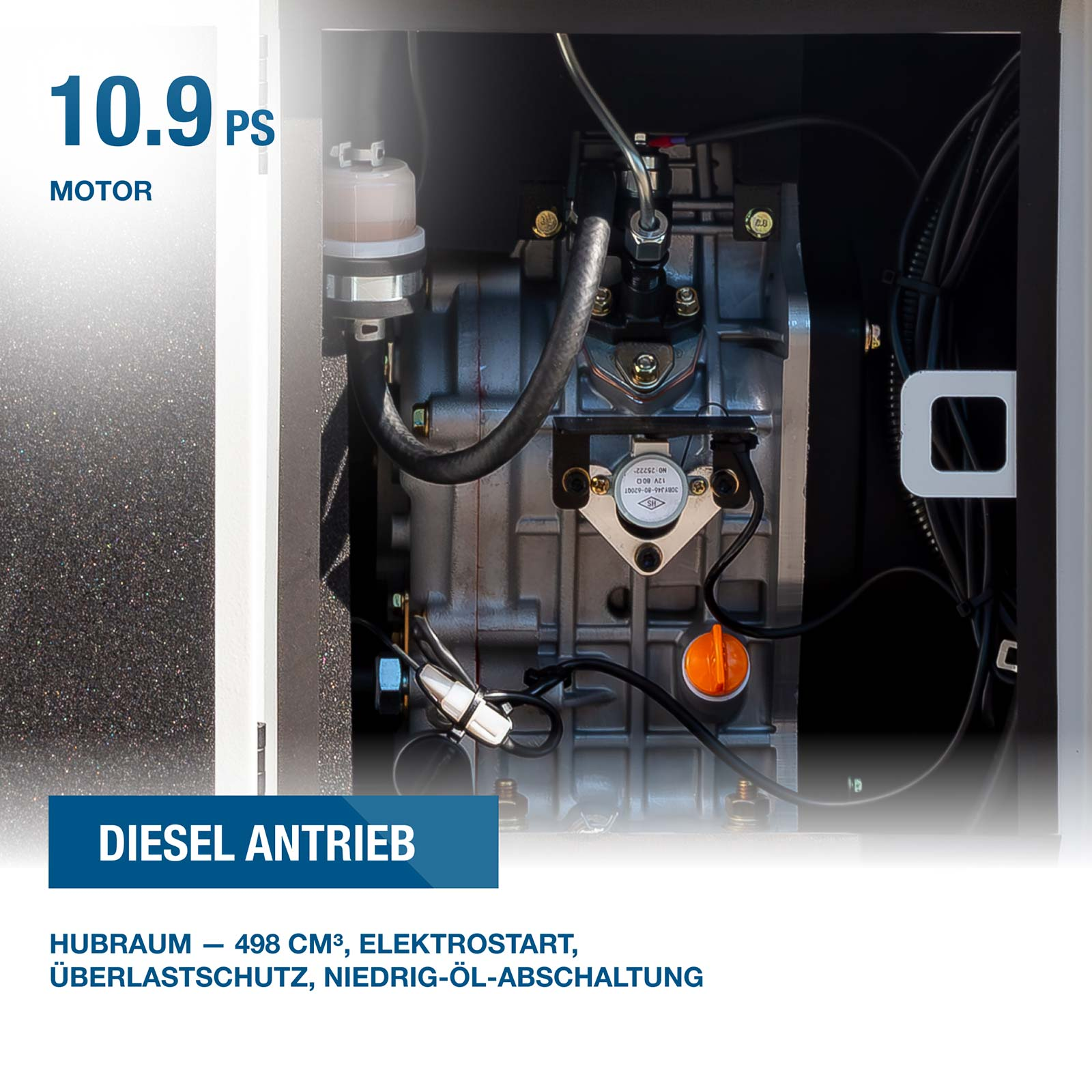 Ansicht eines Dieselmotors mit 10,9 PS, Hubraum 498 cm³, Elektrostart und Ölmangelabschaltung.