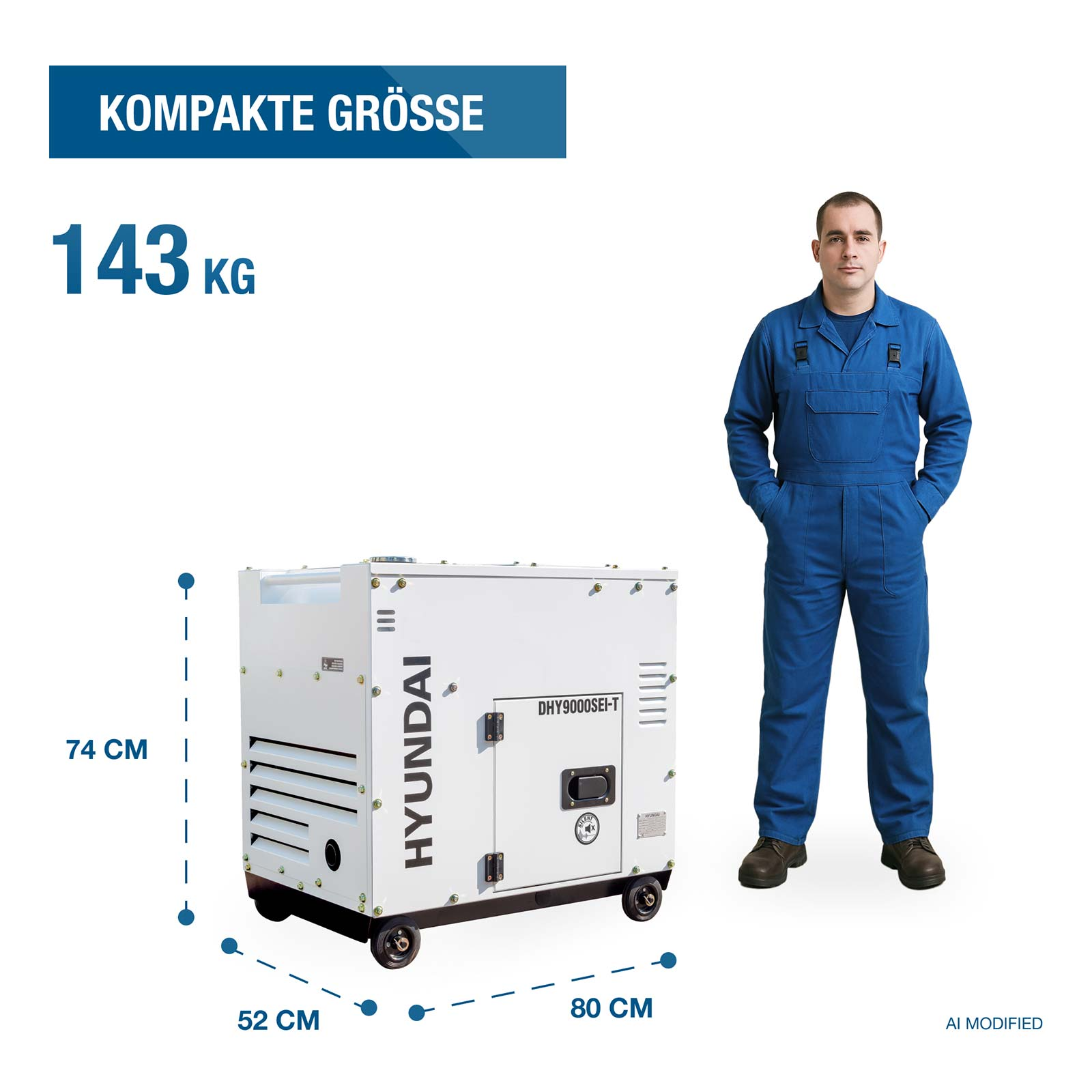 Ein weißer Hyundai Generator mit Maßen und Gewicht neben einem Mann in blauer Arbeitskleidung.