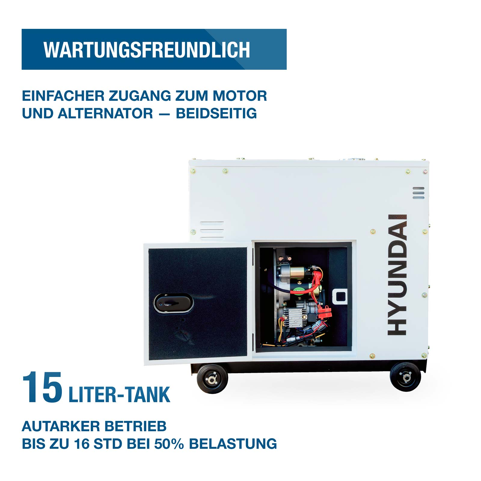 Weißer Hyundai Stromerzeuger mit offenem Seitenfach, das den Motor zeigt, auf Rädern.