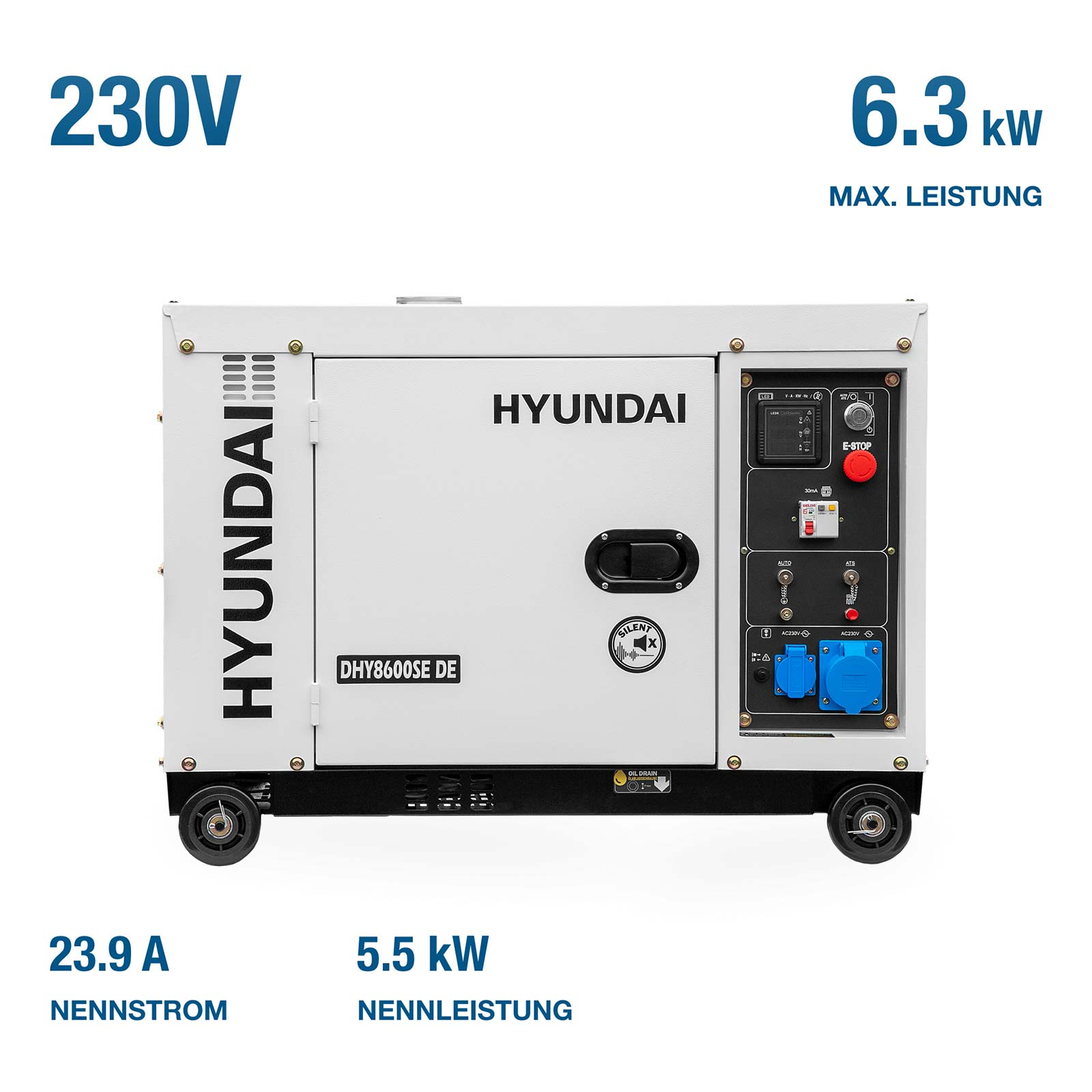 Hyundai DHY8600SE DE weißer leiser Dieselgenerator auf Rädern mit technischen Daten.