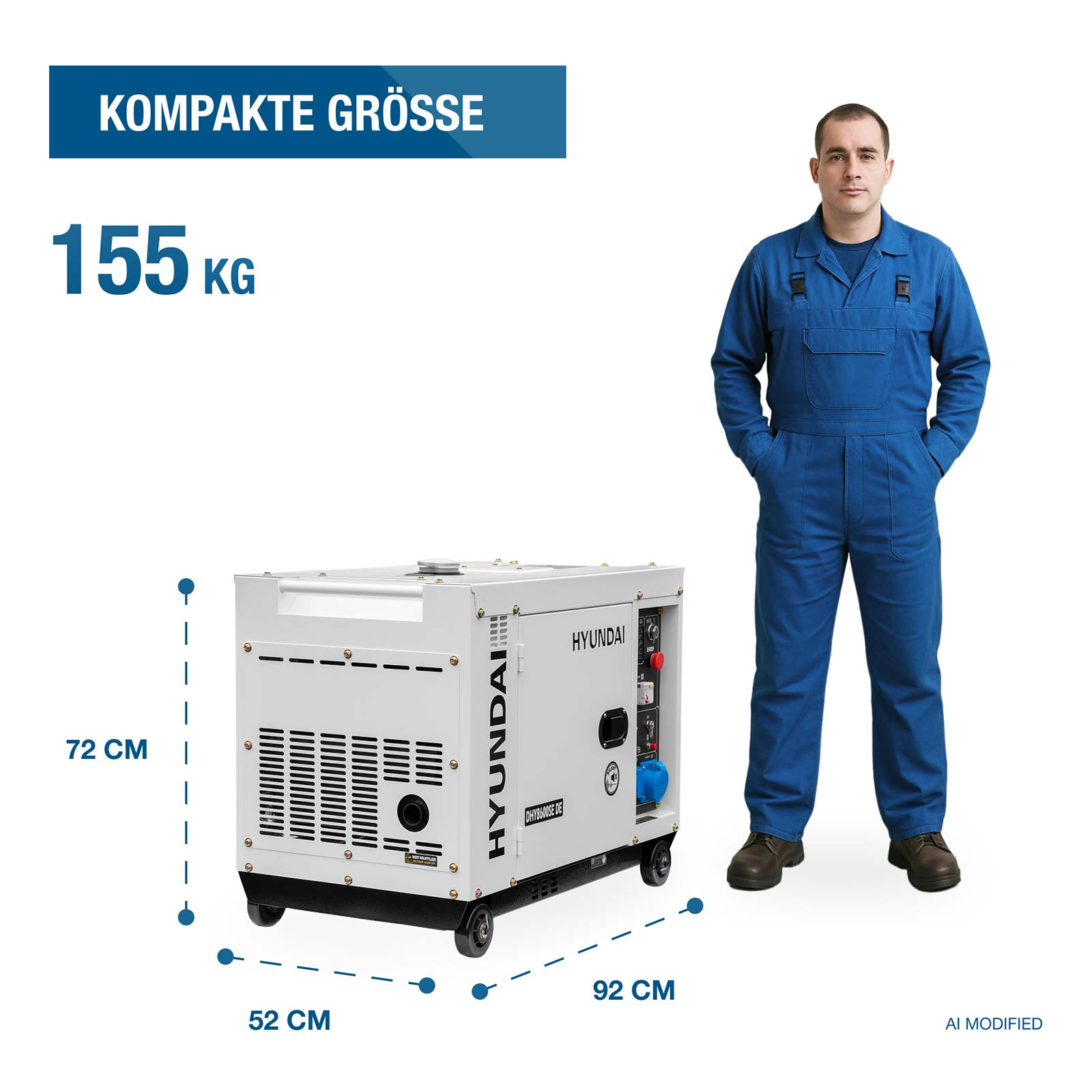 Ein Mann in blauem Blaumann steht neben einem weißen Hyundai-Generator mit Maßen und Gewicht.