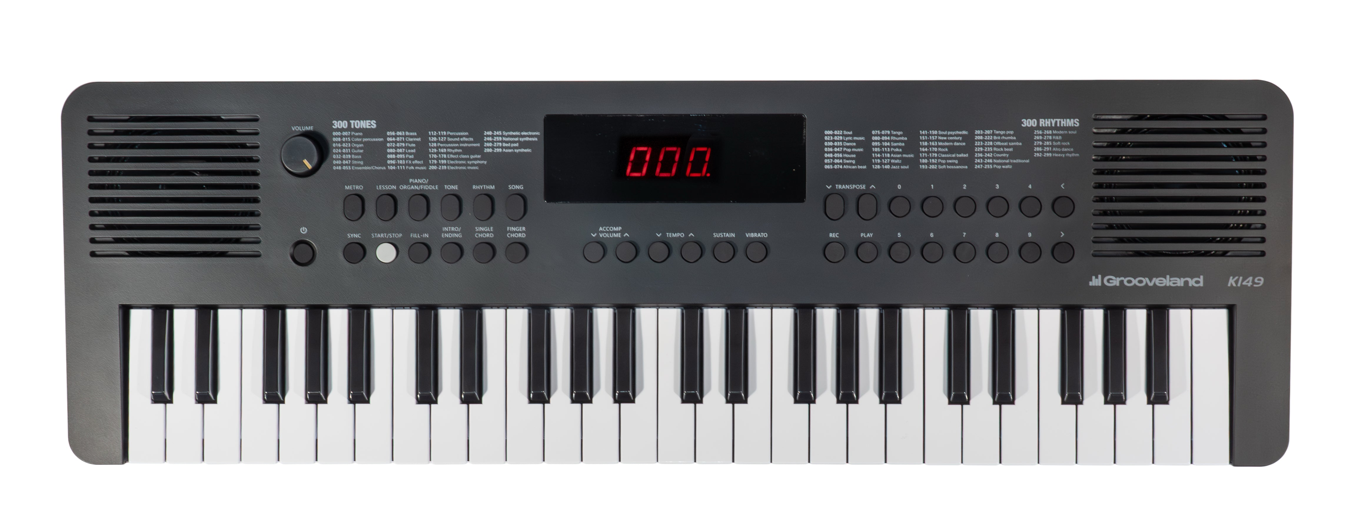 Ein graues elektronisches Keyboard mit schwarzen und weißen Tasten, Bedienfeldern und einem roten digitalen Display.