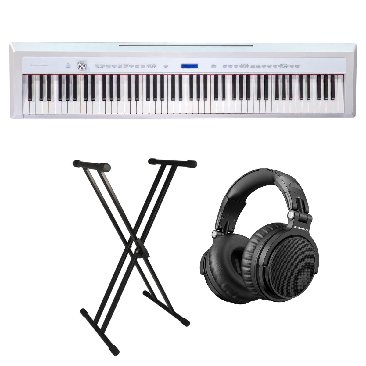 Ein weißes Digitalpiano, ein schwarzer X-Ständer und schwarze Studio-Kopfhörer auf weißem Hintergrund.