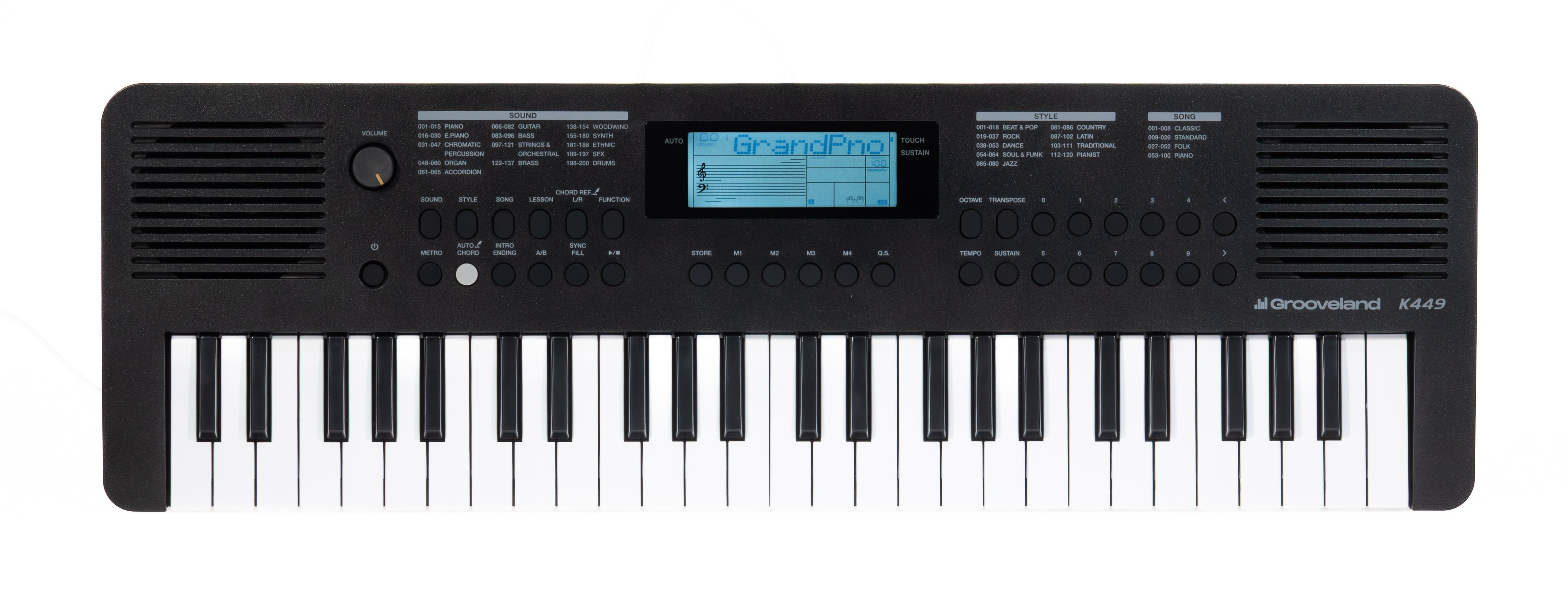 Ein schwarzes Grooveland K449 E-Piano mit Display, Lautsprechern und zahlreichen Tasten auf weißem Hintergrund.