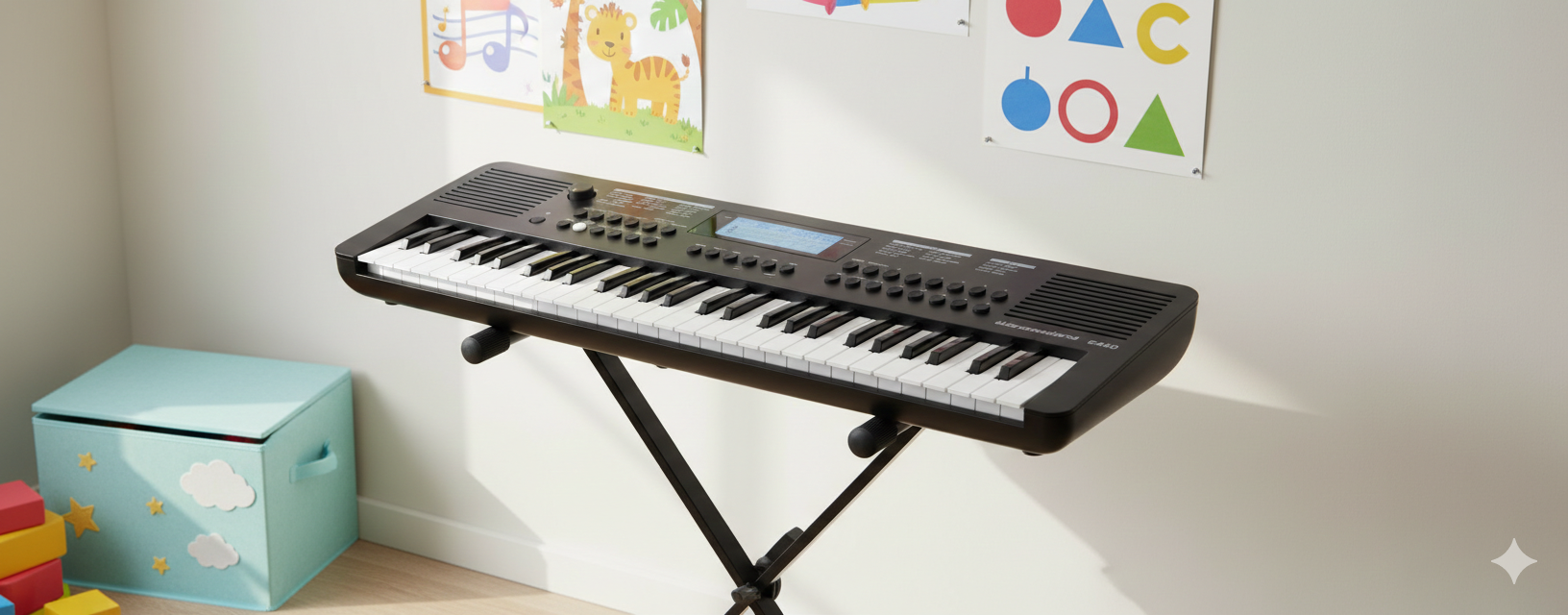Ein schwarzes E-Keyboard auf einem Ständer in einem hellen Raum mit Lernpostern an der Wand.