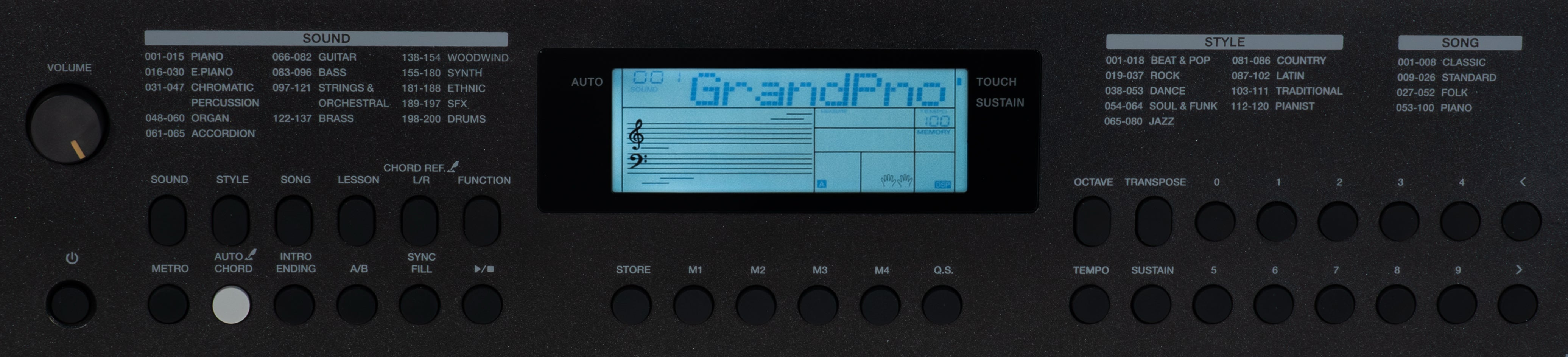 Bedienfeld eines elektronischen Keyboards mit Display, Tasten und Musikinstrumenten-Verzeichnissen.
