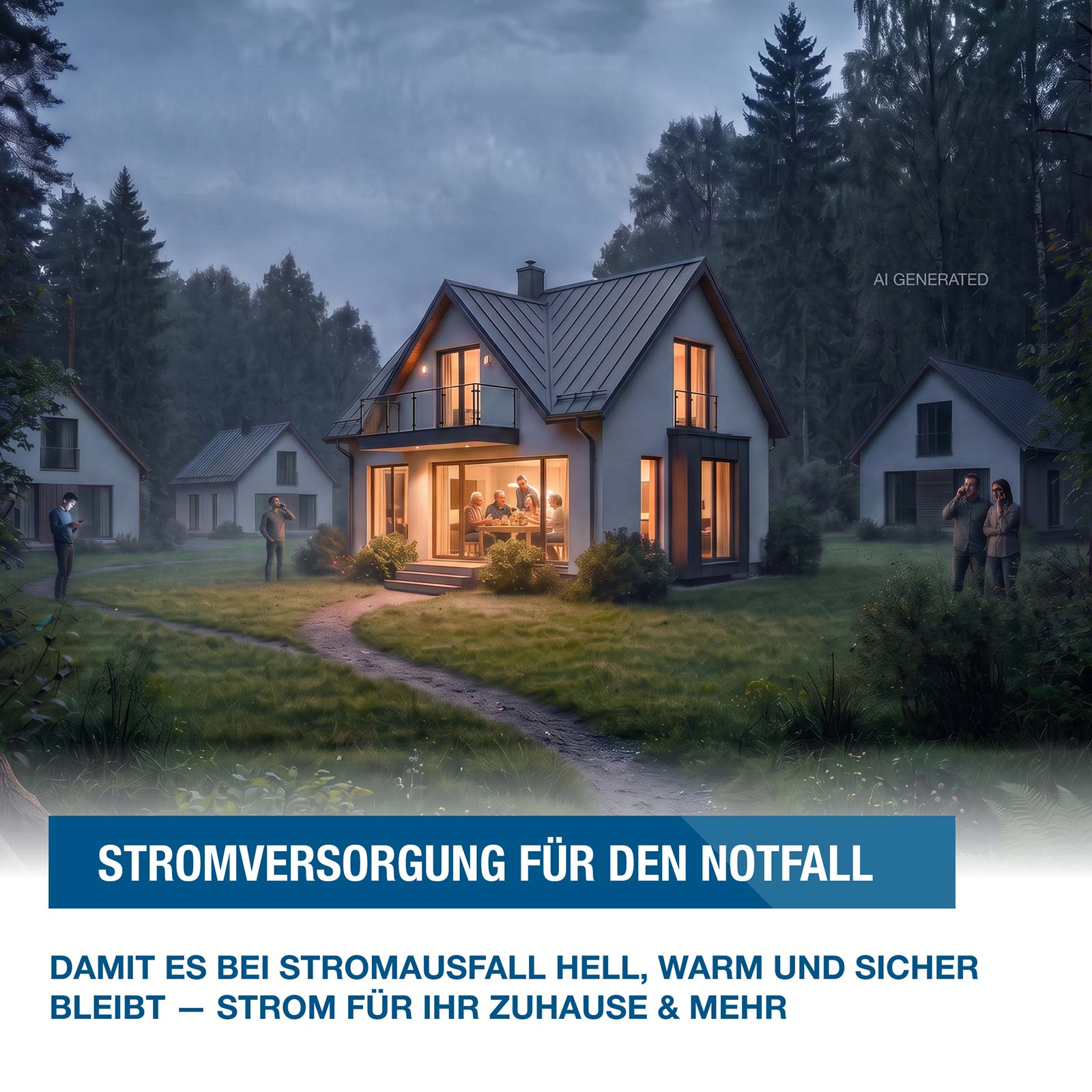Ein helles Haus in der Dämmerung mit Menschen im Garten, umgeben von Wald und Nebel.