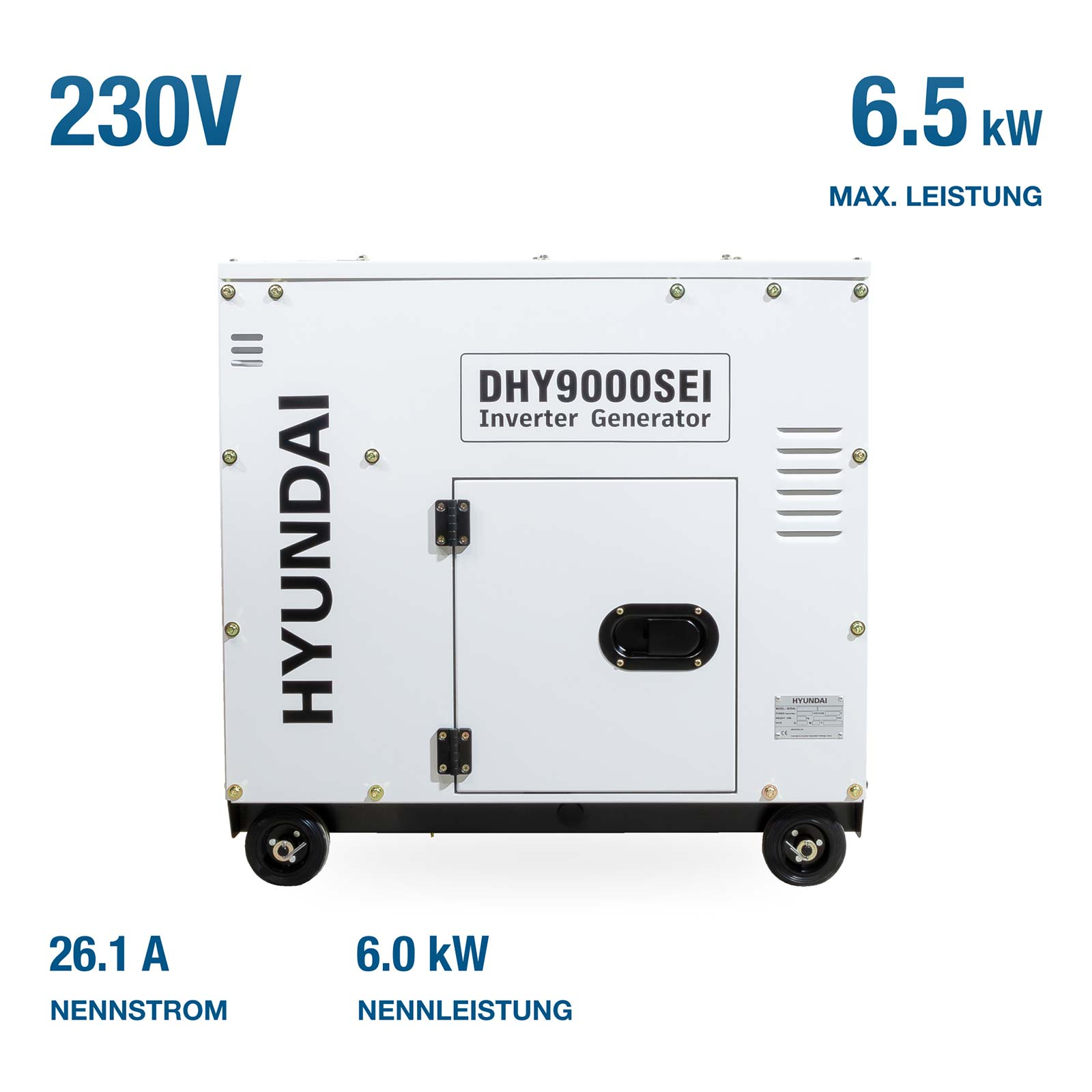 Weißer Hyundai DHY9000SEI Inverter-Generator mit Rädern und technischen Texten.