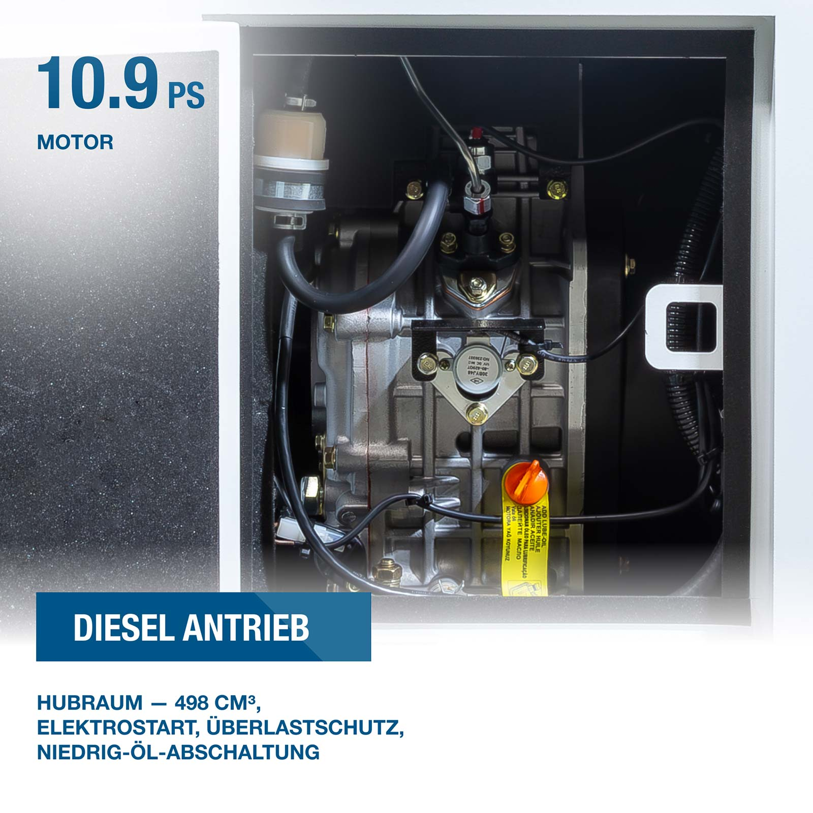 Ansicht eines 10,9 PS Dieselmotors von oben in einem weißen Gehäuse mit Text links.
