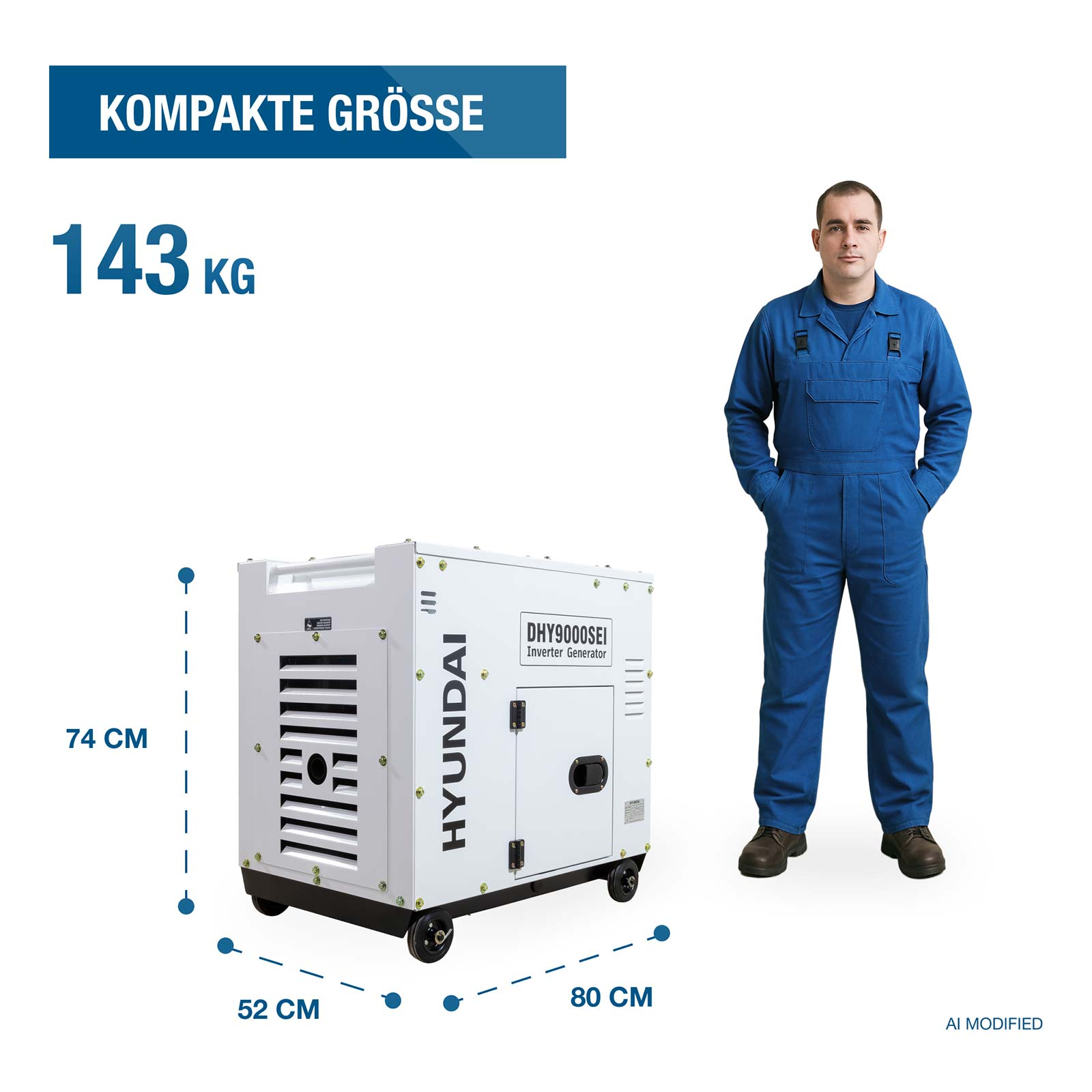 Ein Arbeiter in blauer Uniform neben einem Hyundai-Generator mit Maßen und Gewicht.