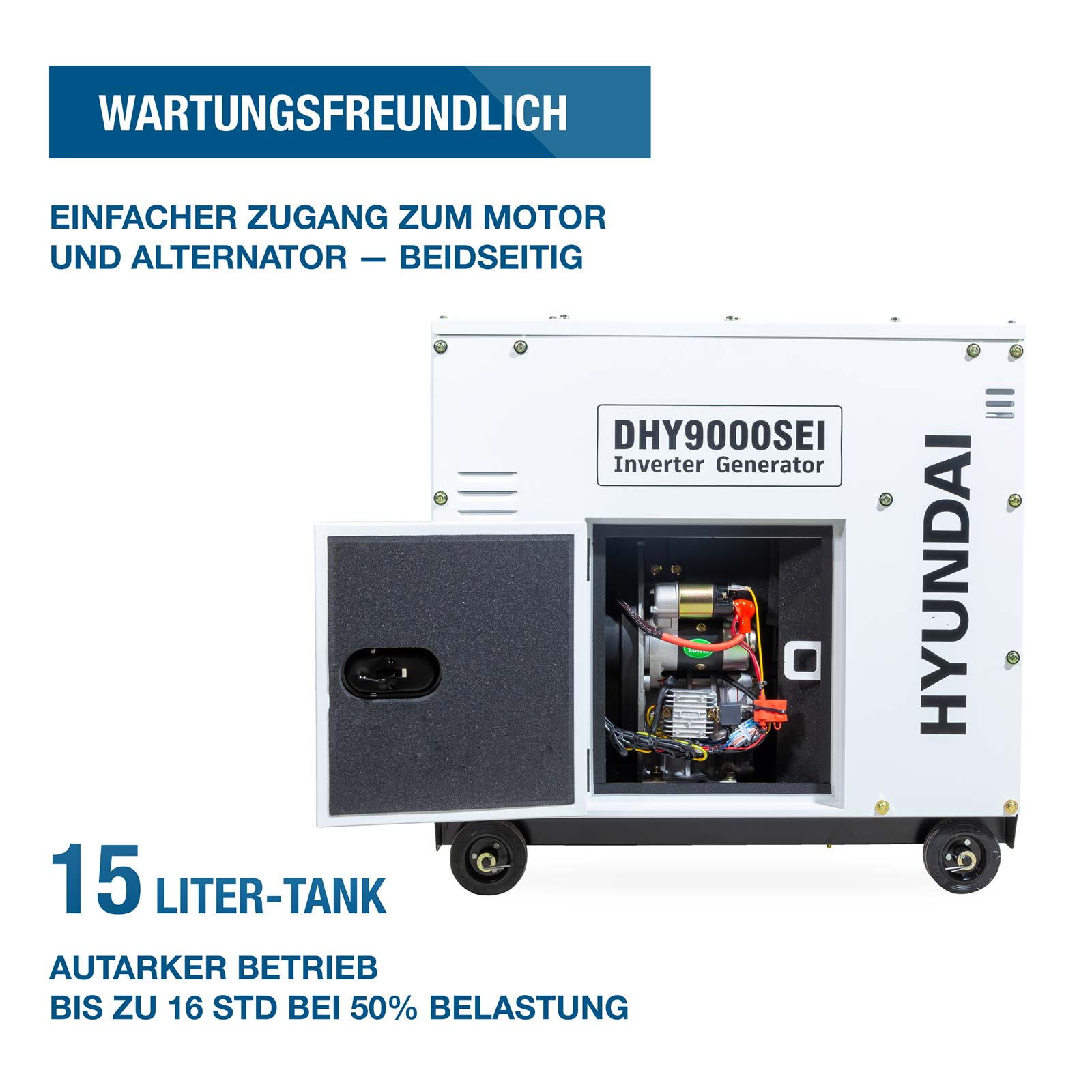 Weißer Hyundai Inverter Generator mit geöffneter Seitenklappe, der den Motor und Text auf Deutsch zeigt.