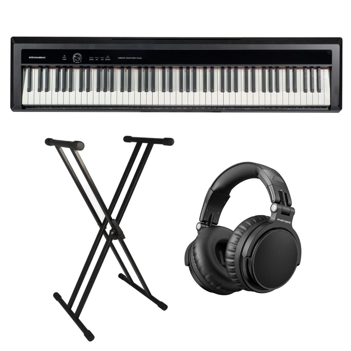 Ein digitales Keyboard in Schwarz mit einem passenden Ständer und einem Paar Kopfhörern auf weißem Hintergrund.