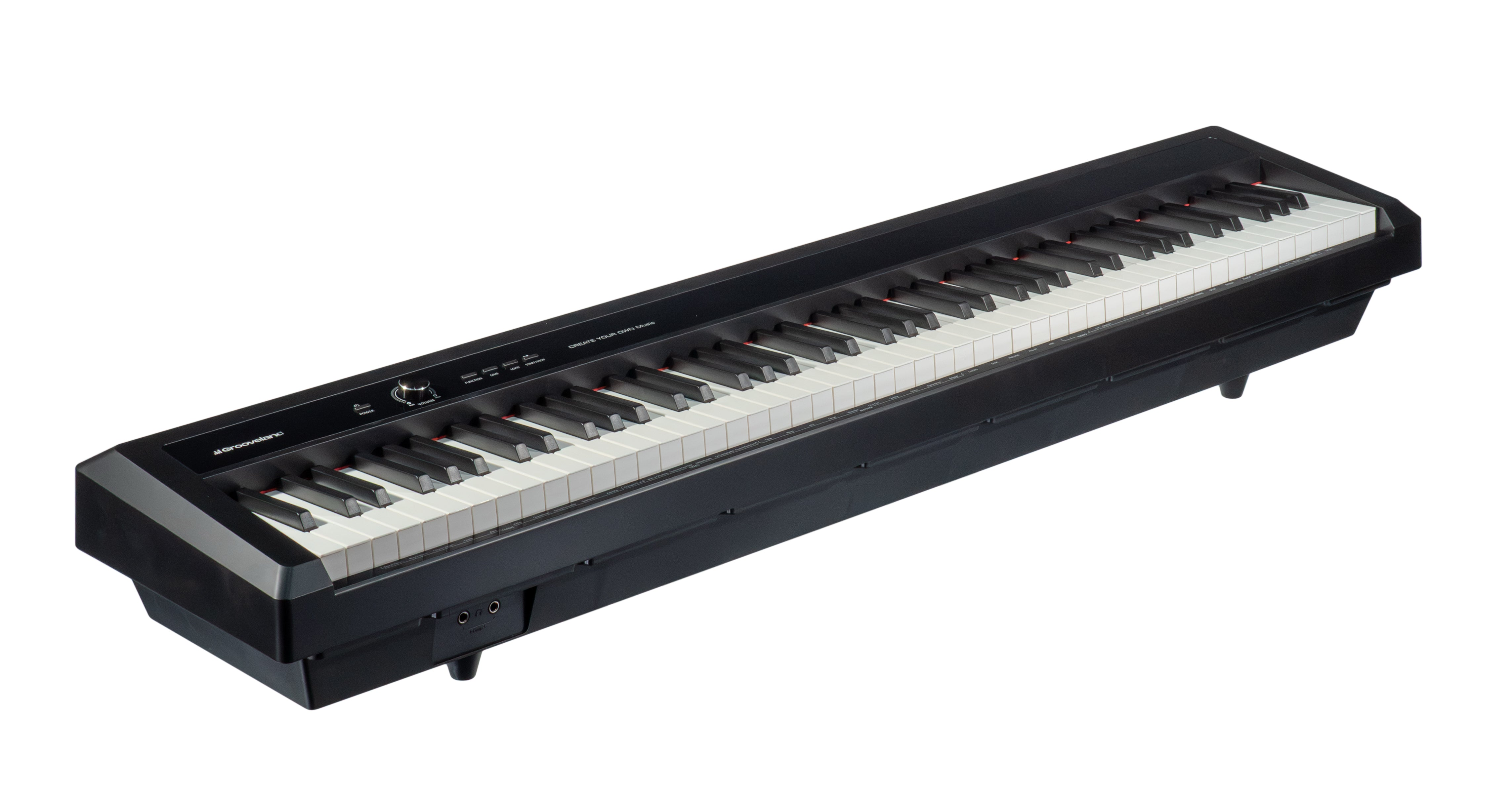 Ein schwarzes Digitalpiano auf weißem Hintergrund, aus schräger Perspektive betrachtet.